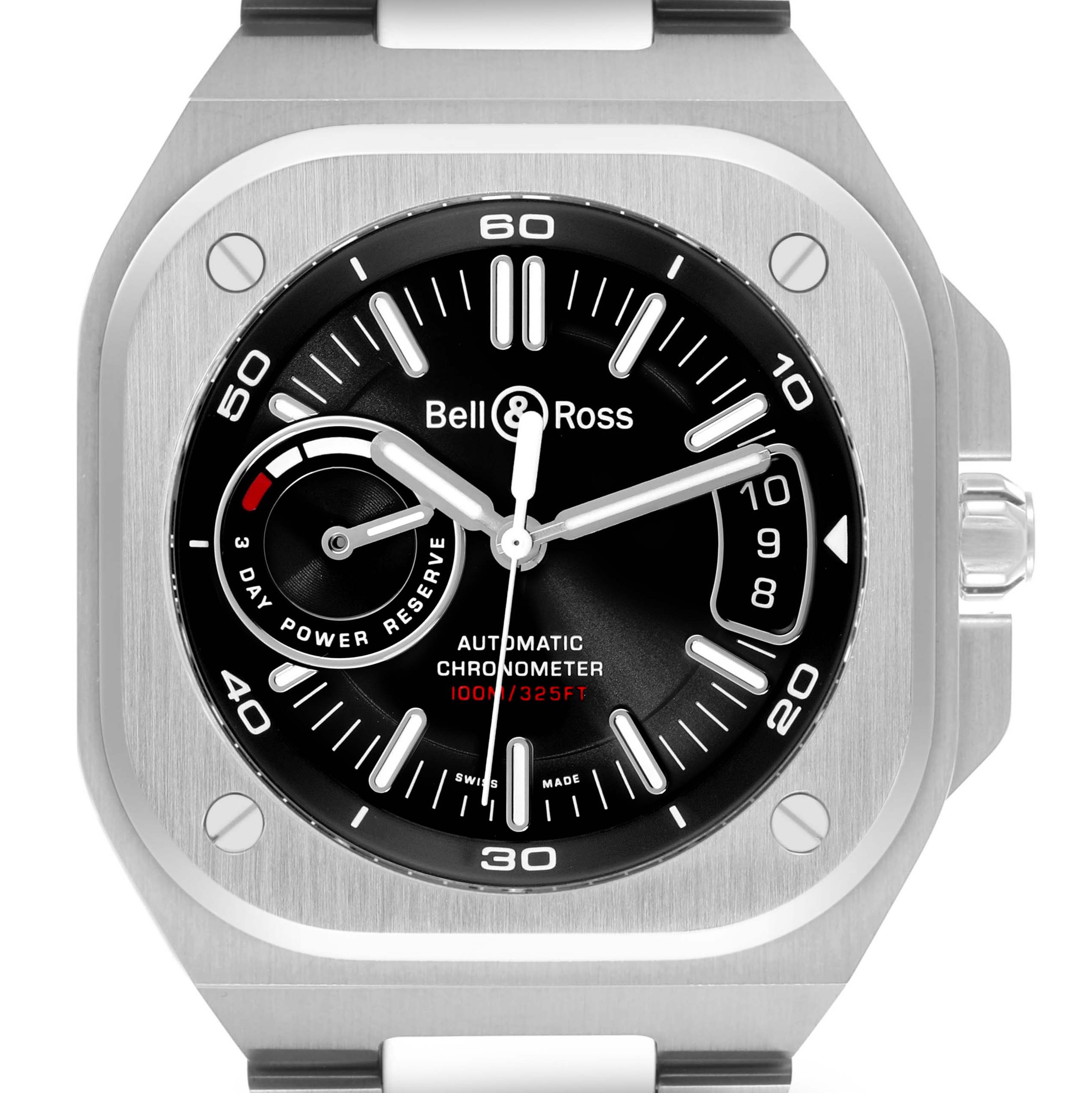 The Bell & Ross Urban BRX5R-BL-ST Men's Stainless Steel Black Dial BRX5R-BL-ST Men's Stainless Steel Black Dial model watch is shown from the front, highlighting its dial and bezel.