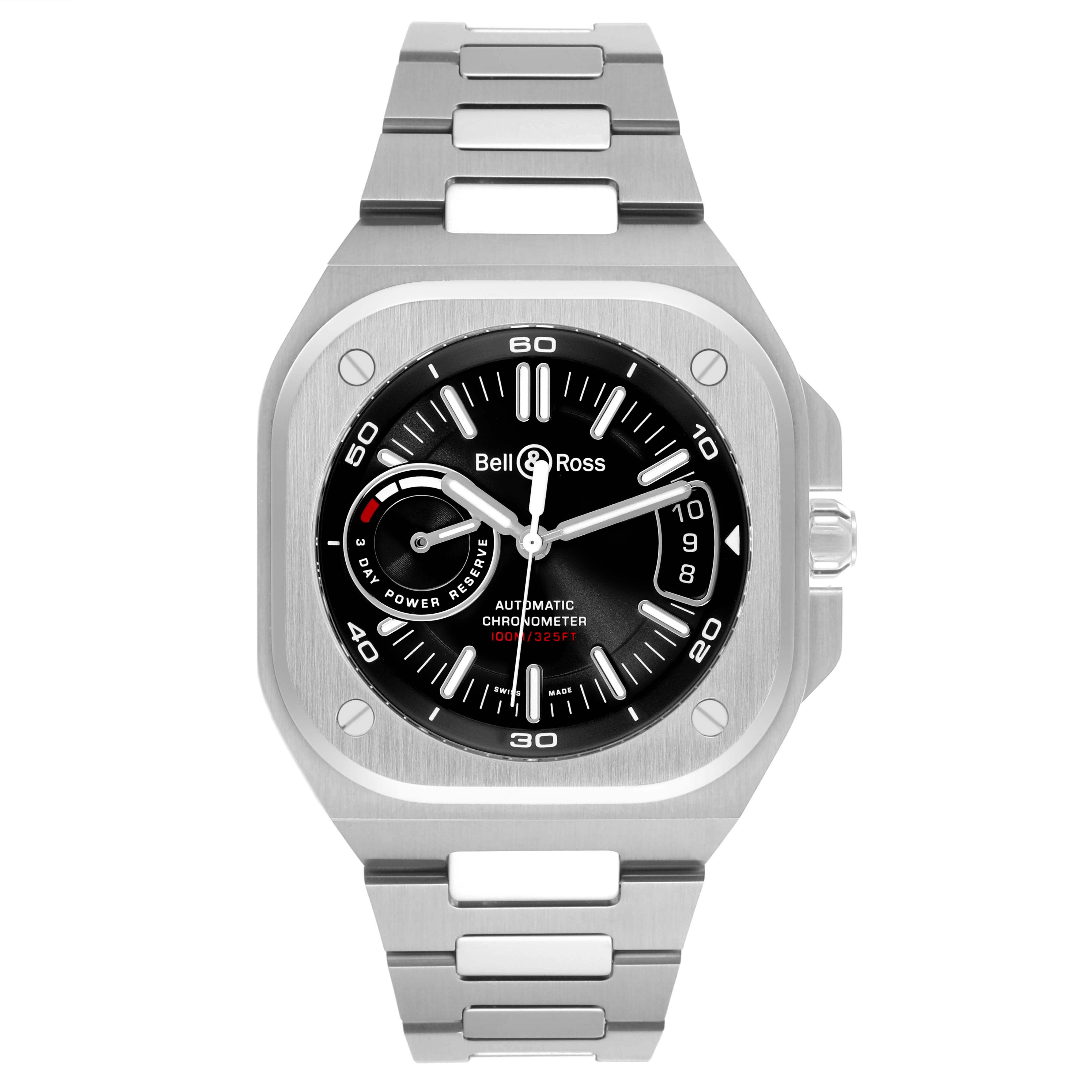 The Bell & Ross Urban BRX5R-BL-ST Men's Stainless Steel Black Dial BRX5R-BL-ST Men's Stainless Steel Black Dial model watch is shown from a front angle, displaying the face, bezel, and part of the bracelet.