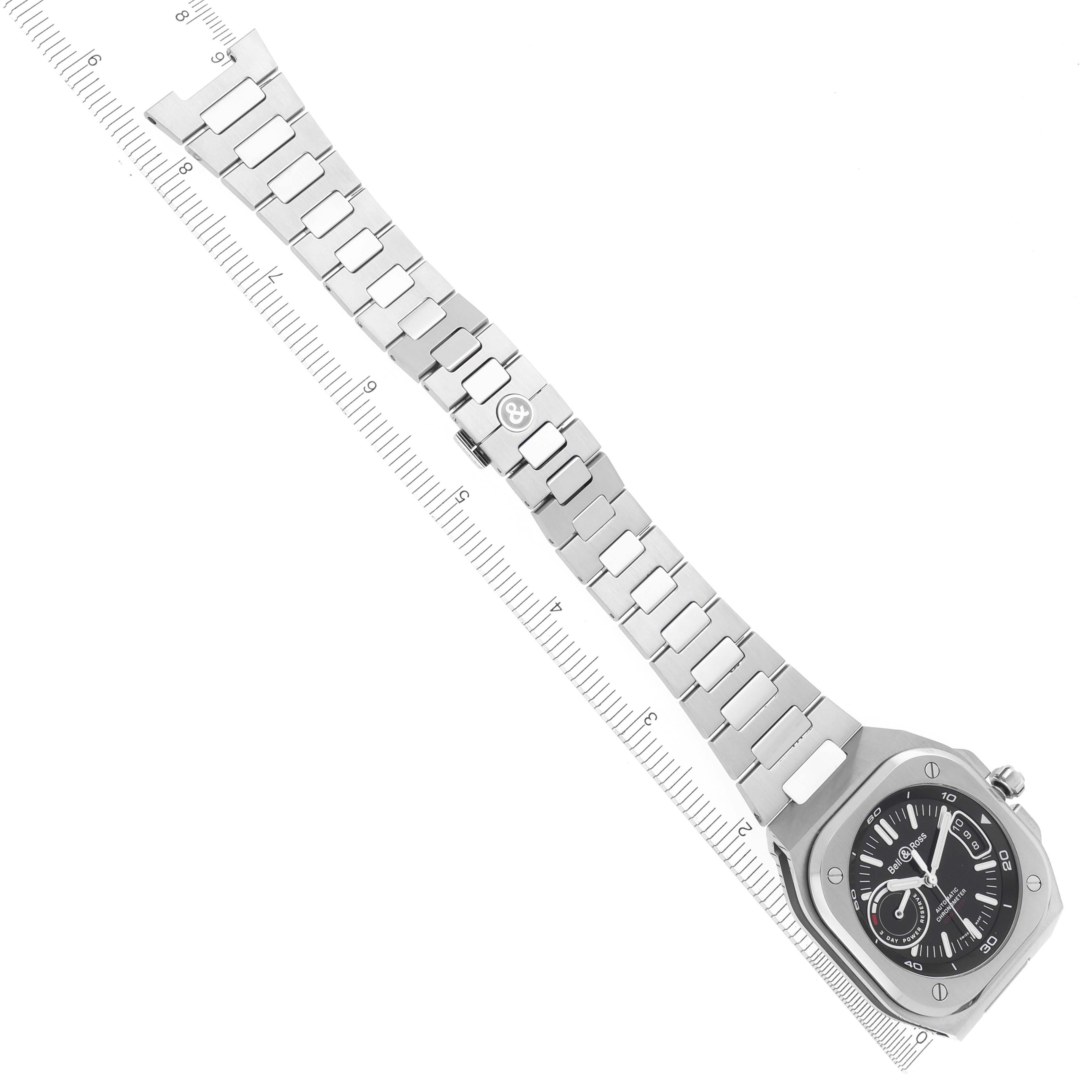 The Bell & Ross Urban BRX5R-BL-ST Men's Stainless Steel Black Dial BRX5R-BL-ST Men's Stainless Steel Black Dial model watch is shown from an overhead angle, highlighting the case, dial, and full bracelet.