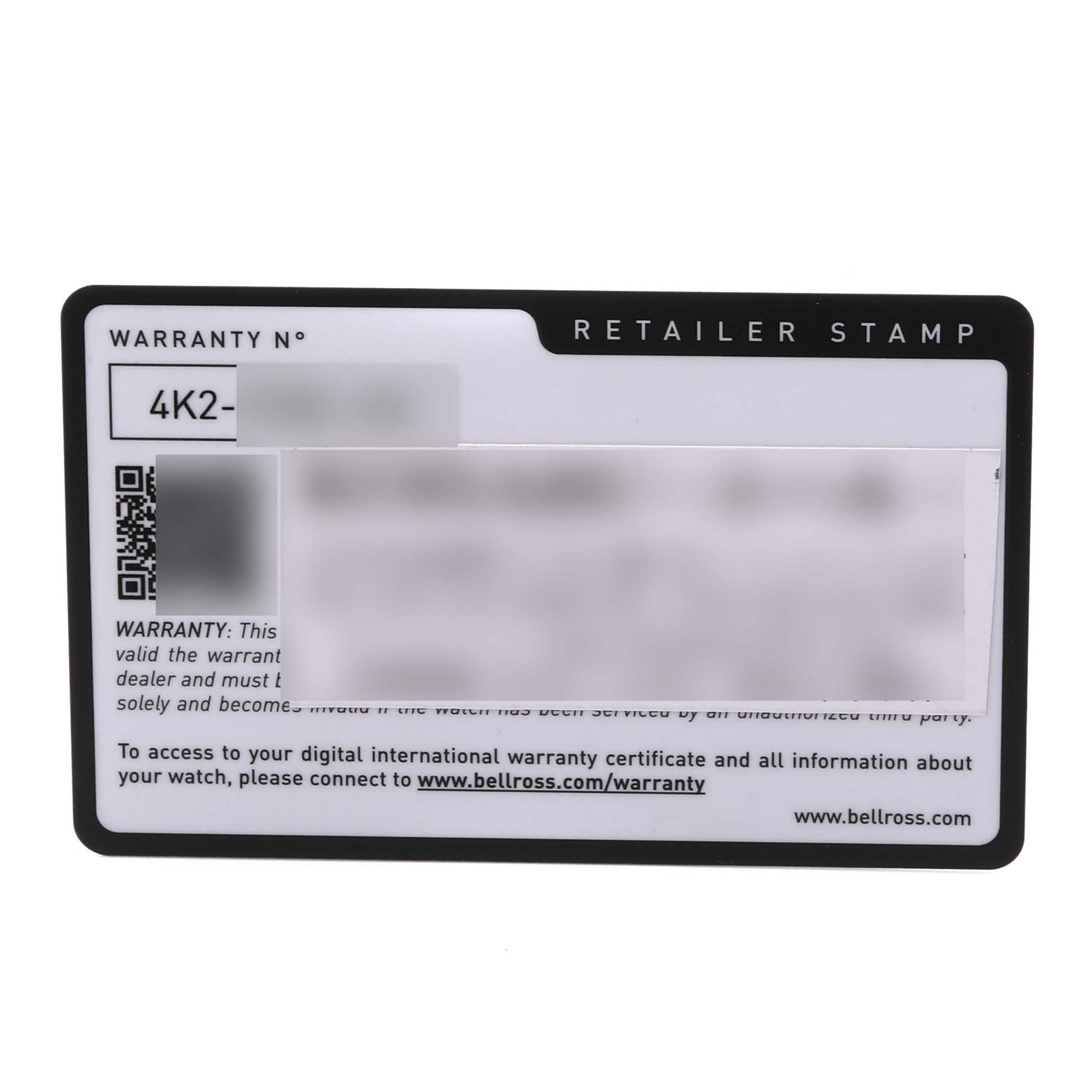 This is a warranty card for the Bell & Ross Urban BRX5R-BL-ST Men's Stainless Steel Black Dial BRX5R-BL-ST Men's Stainless Steel Black Dial model, showing the warranty number and retailer stamp area.