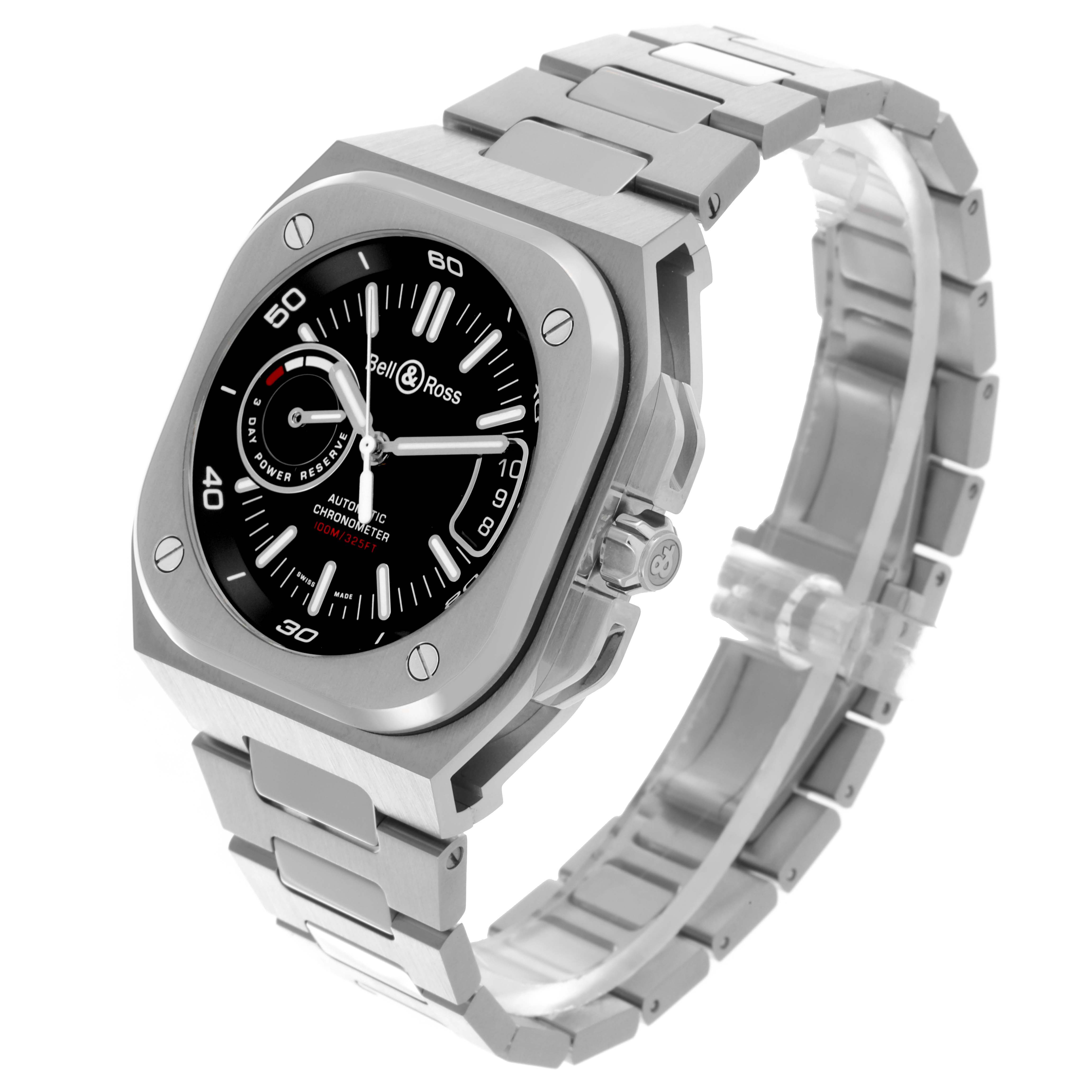 The Bell & Ross Urban BRX5R-BL-ST Men's Stainless Steel Black Dial BRX5R-BL-ST Men's Stainless Steel Black Dial model watch is shown at a three-quarter angle, highlighting the face, bezel, and partly visible bracelet.