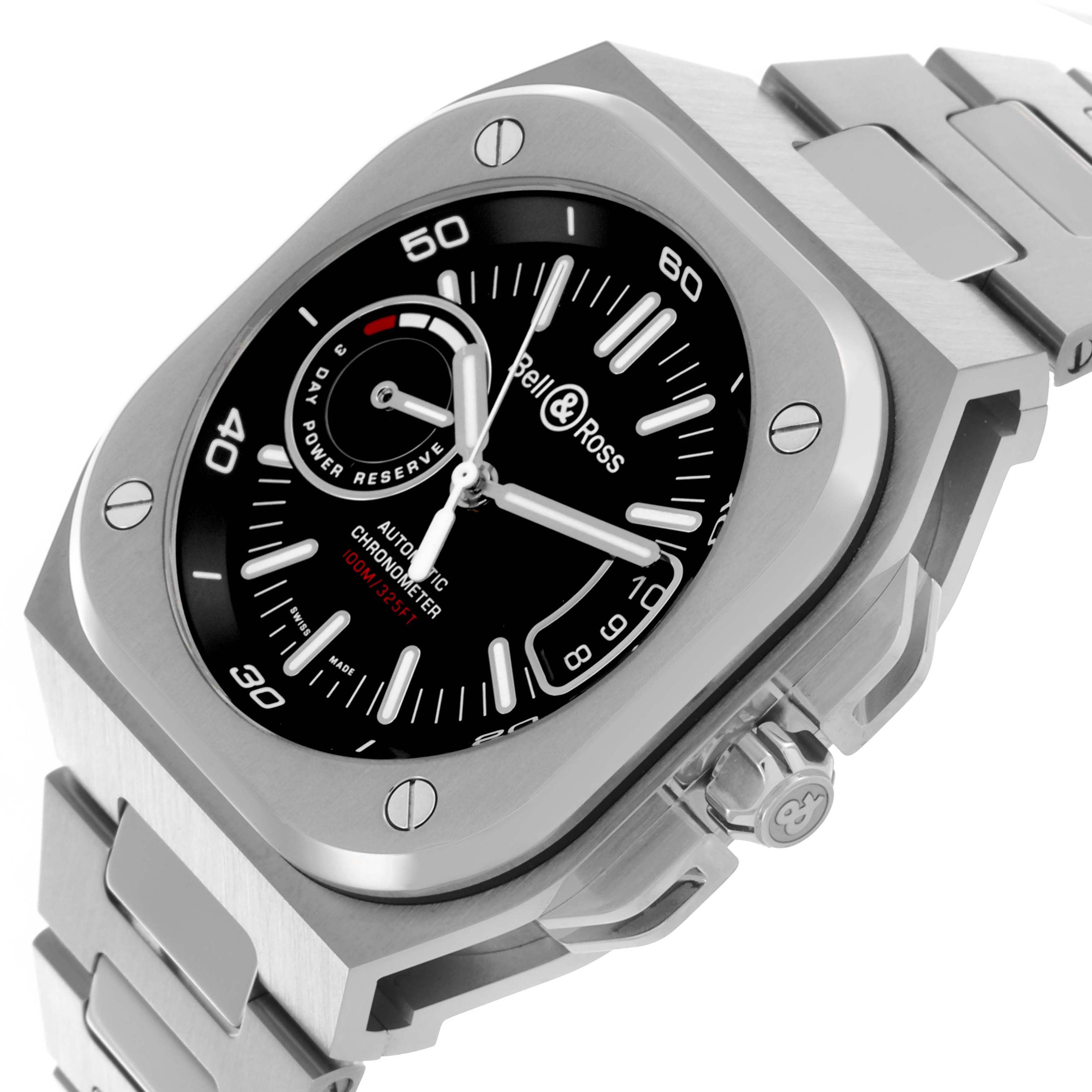 The Bell & Ross Urban BRX5R-BL-ST Men's Stainless Steel Black Dial BRX5R-BL-ST Men's Stainless Steel Black Dial model is shown from an angled top view, highlighting the dial, bezel, and part of the bracelet.