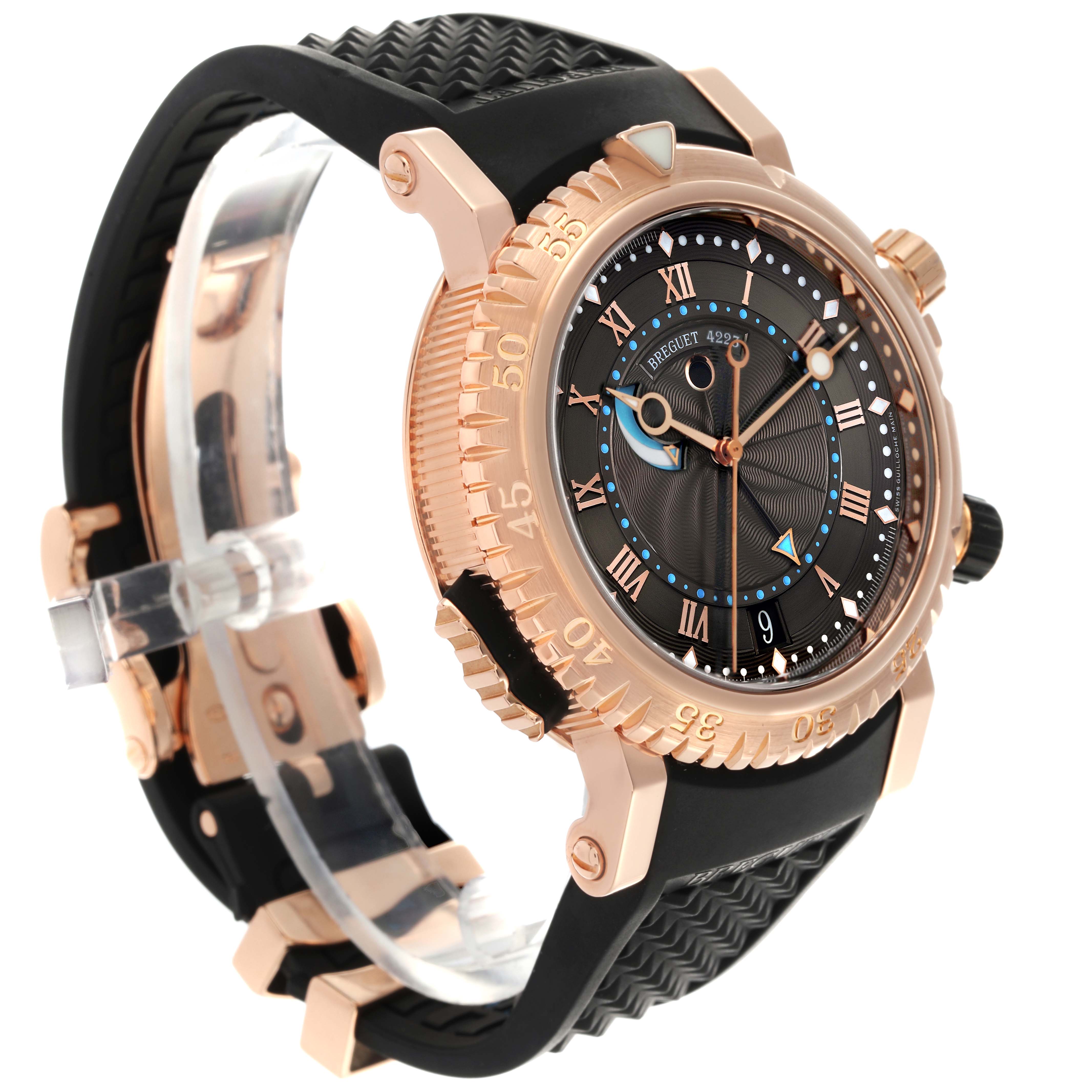 The Breguet Marine 5847BR/Z2/5ZV Men's Rose Gold Black Dial 5847BR/Z2/5ZV Men's Rose Gold Black Dial model watch is shown at a three-quarter angle, highlighting the dial, bezel, and strap.