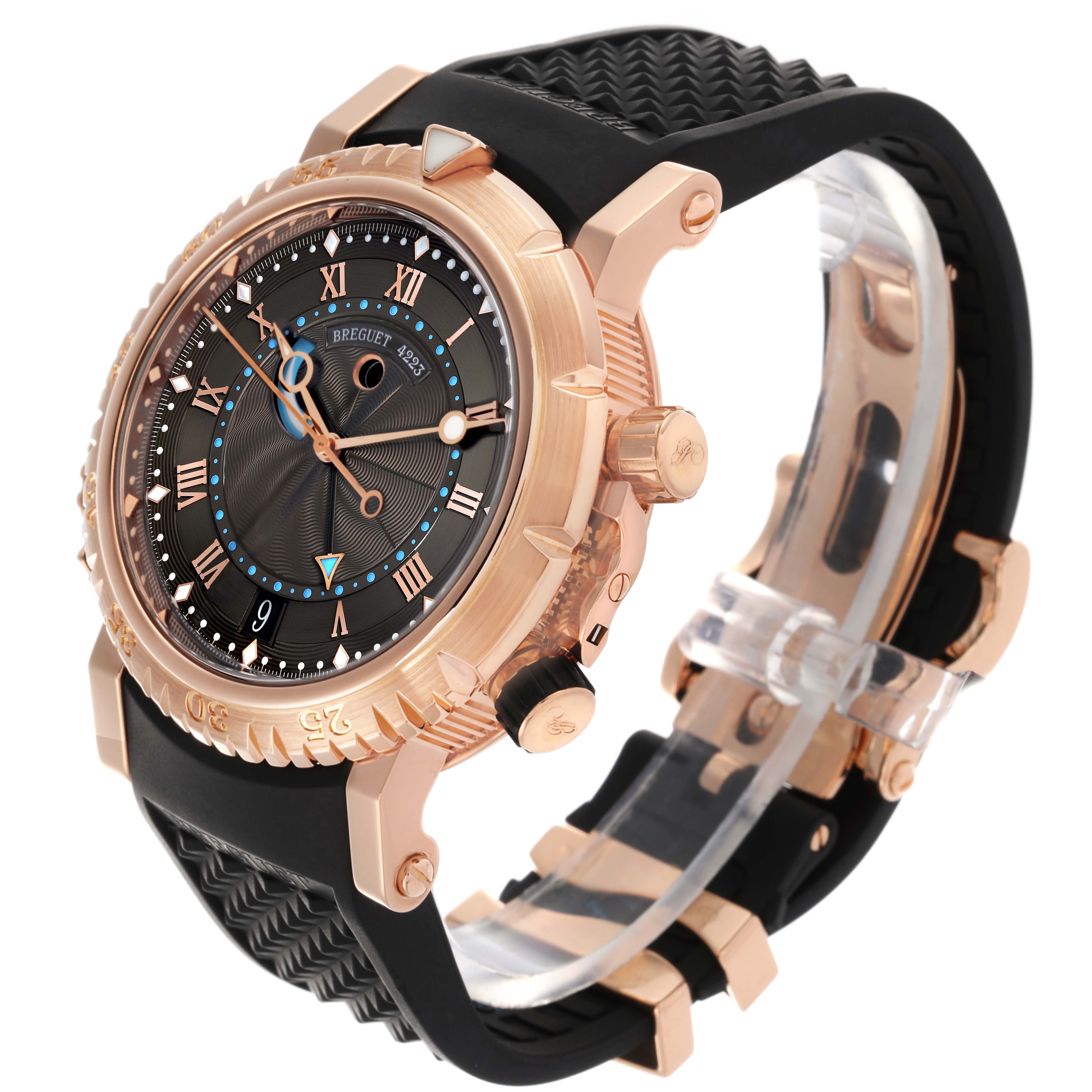 The Breguet Marine 5847BR/Z2/5ZV Men's Rose Gold Black Dial 5847BR/Z2/5ZV Men's Rose Gold Black Dial watch is shown at a three-quarter angle, highlighting the dial, bezel, and strap.