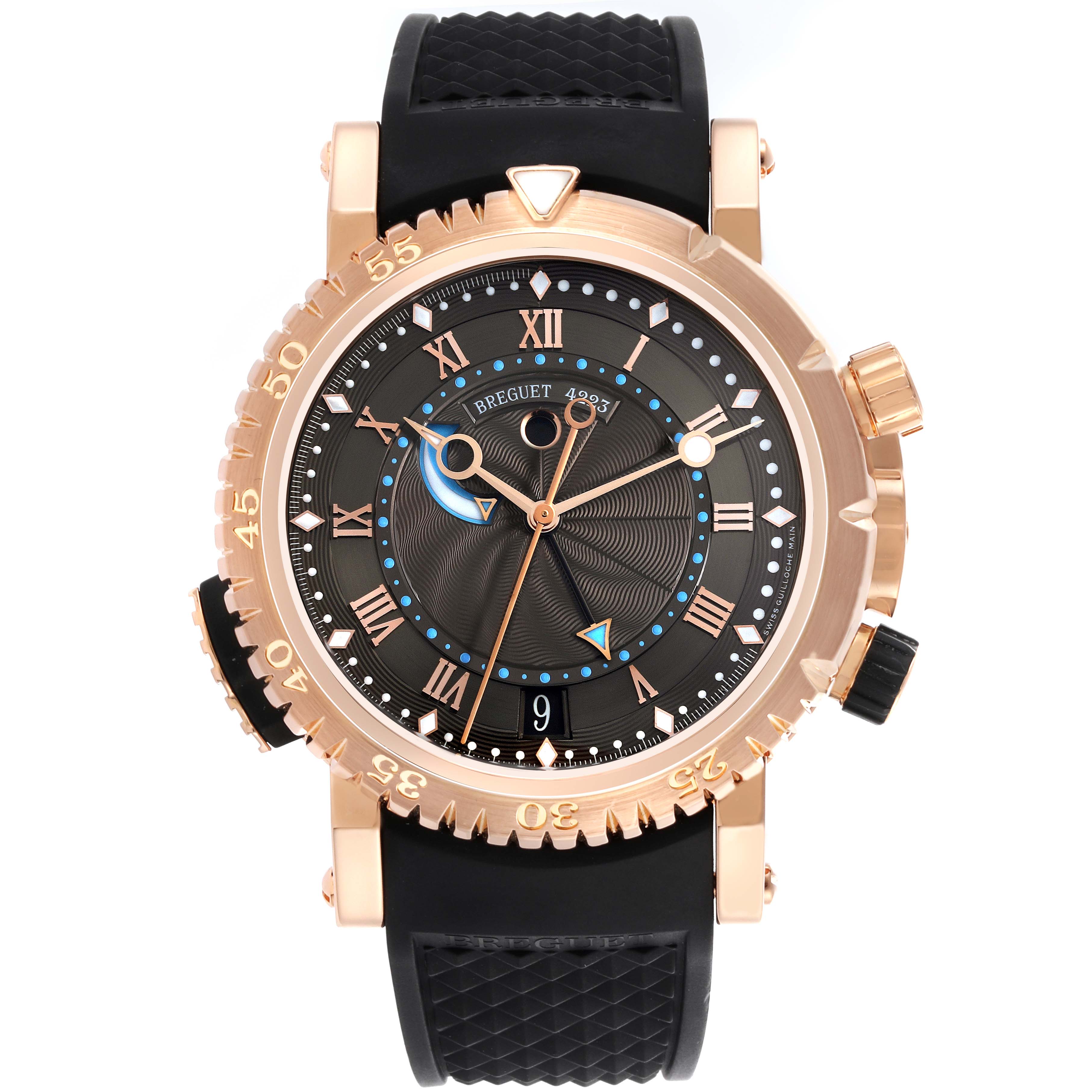 The Breguet Marine 5847BR/Z2/5ZV Men's Rose Gold Black Dial 5847BR/Z2/5ZV Men's Rose Gold Black Dial watch is shown from the front, displaying the dial, bezel, and strap.