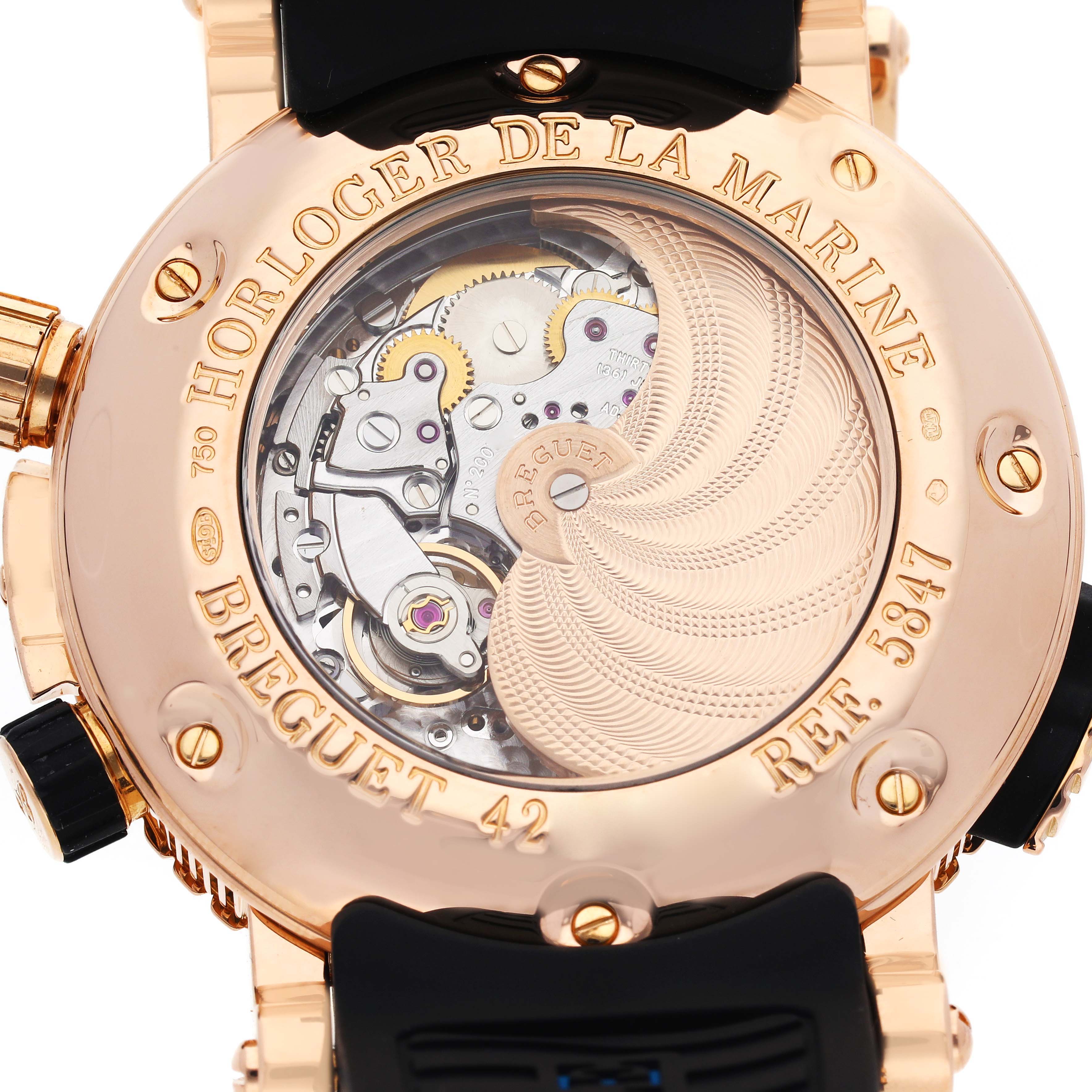 The image shows the back of a Breguet Marine 5847BR/Z2/5ZV Men's Rose Gold Black Dial 5847BR/Z2/5ZV Men's Rose Gold Black Dial watch, highlighting its visible mechanical movement and engravings.