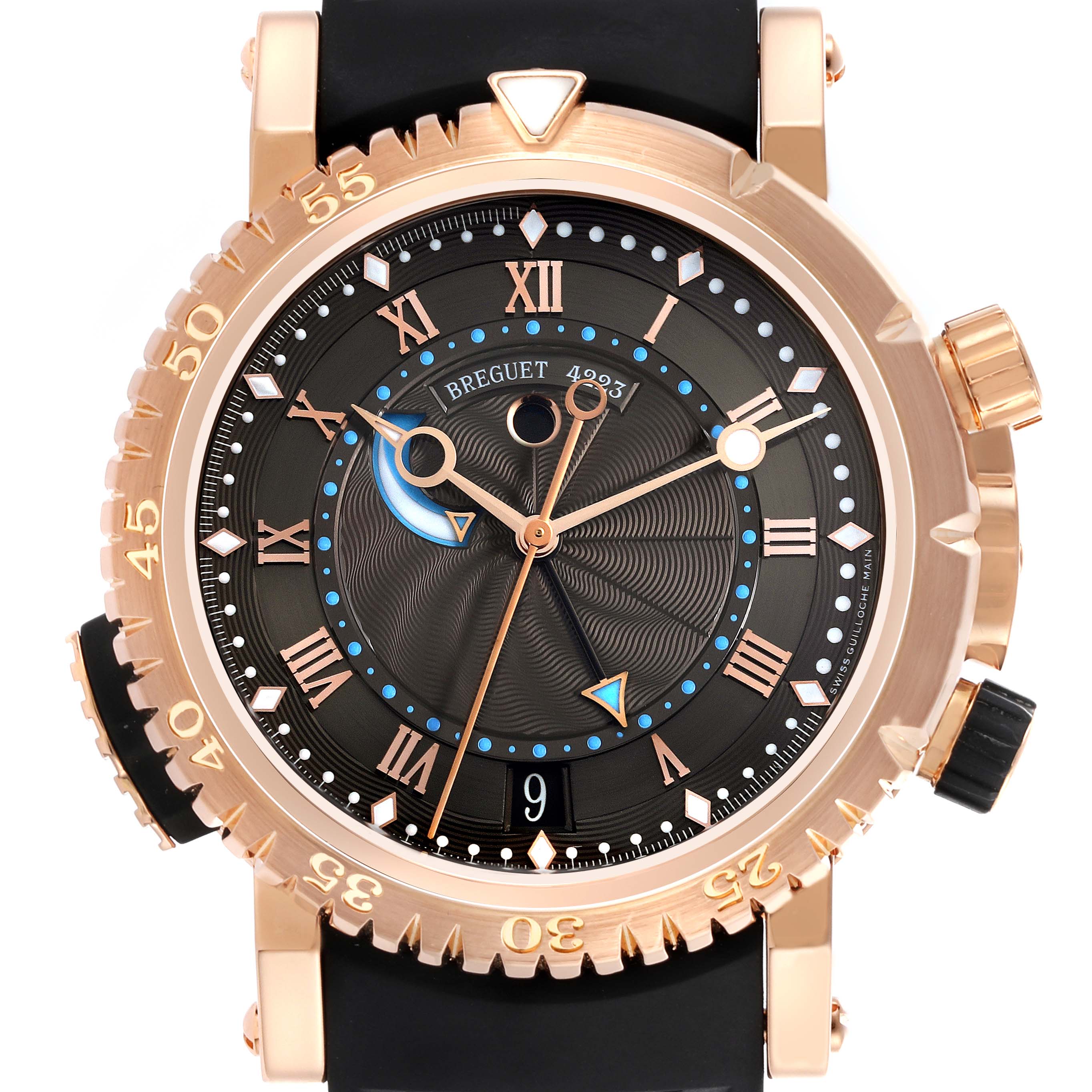 The Breguet Marine 5847BR/Z2/5ZV Men's Rose Gold Black Dial 5847BR/Z2/5ZV Men's Rose Gold Black Dial watch is shown from the front, highlighting the dial, bezel, and crown.