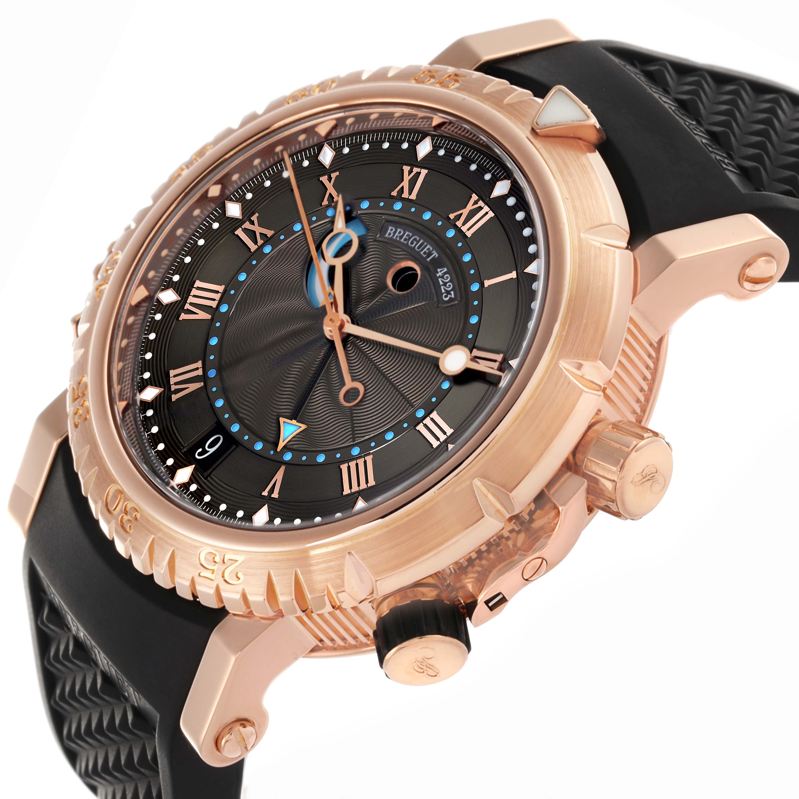 The Breguet Marine 5847BR/Z2/5ZV Men's Rose Gold Black Dial 5847BR/Z2/5ZV Men's Rose Gold Black Dial watch is shown at an angled view, highlighting its face, bezel, crown, and strap.