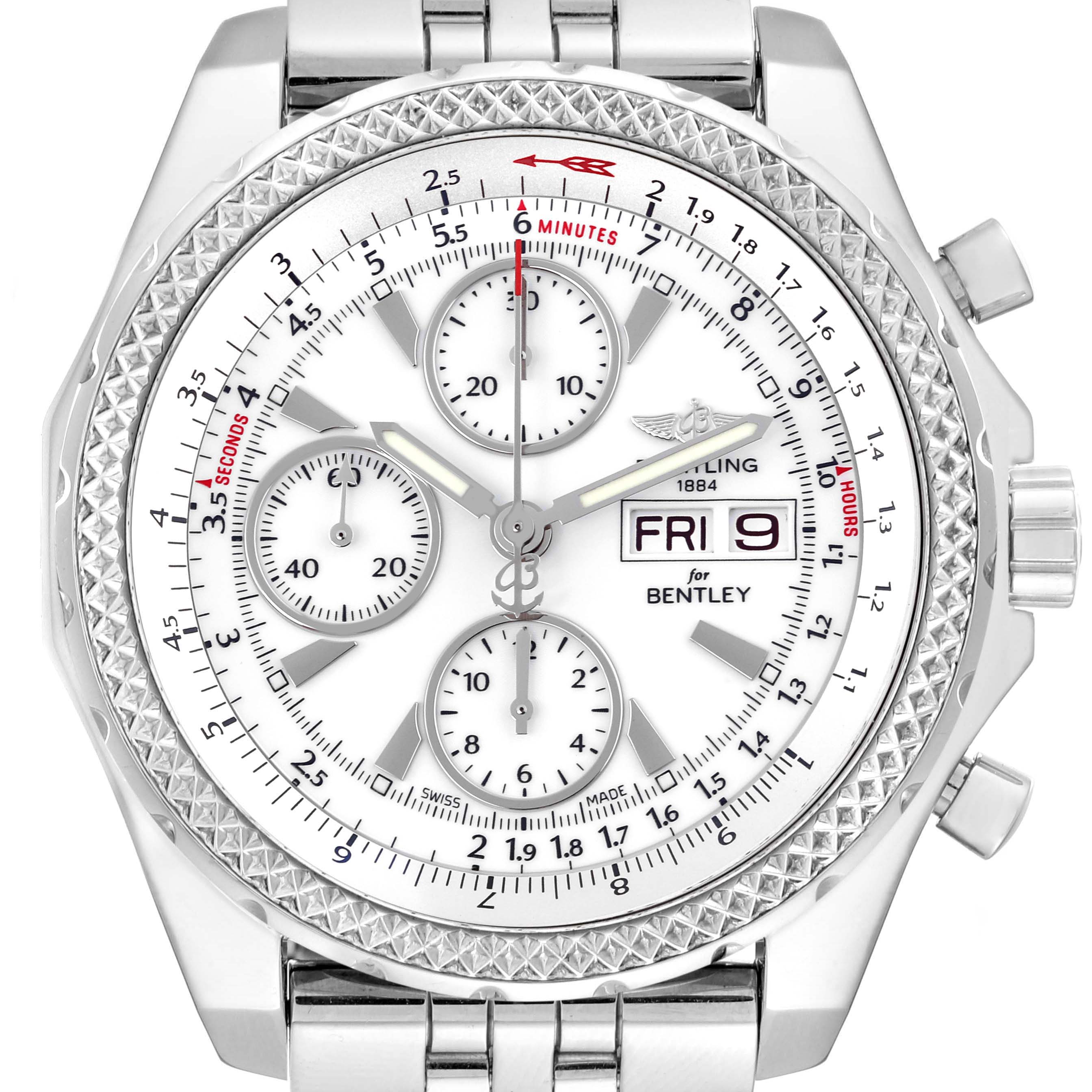 The image shows a frontal view of the Breitling Bentley A1336212/A726 Men's Stainless Steel White Dial A1336212/A726 Men's Stainless Steel White Dial watch, displaying the dial, bezel, and chronograph features.