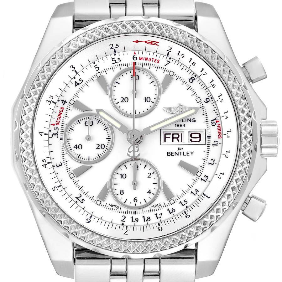 The image shows a frontal view of the Breitling Bentley watch, displaying the dial, bezel, and chronograph features.