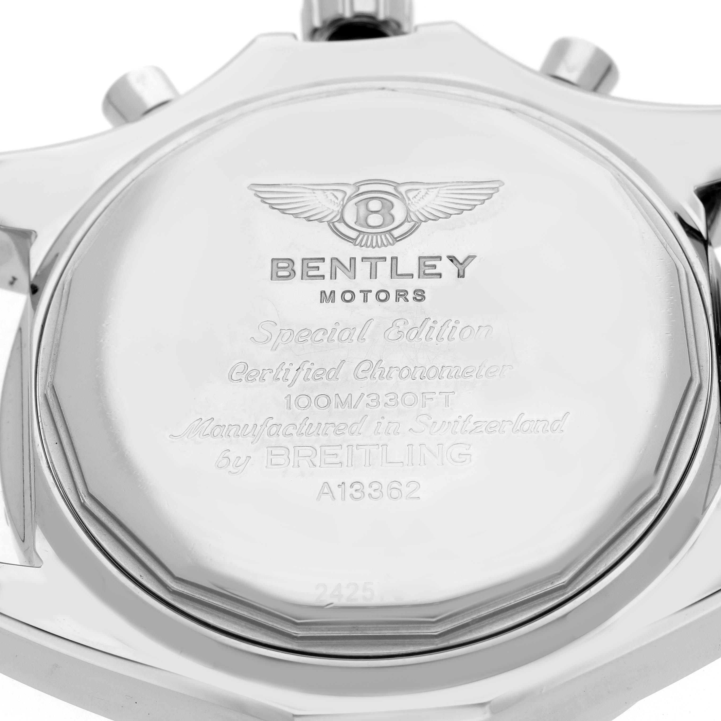 The image shows the back case of a Breitling Bentley A1336212/A726 Men's Stainless Steel White Dial A1336212/A726 Men's Stainless Steel White Dial watch, engraved with details and logos.