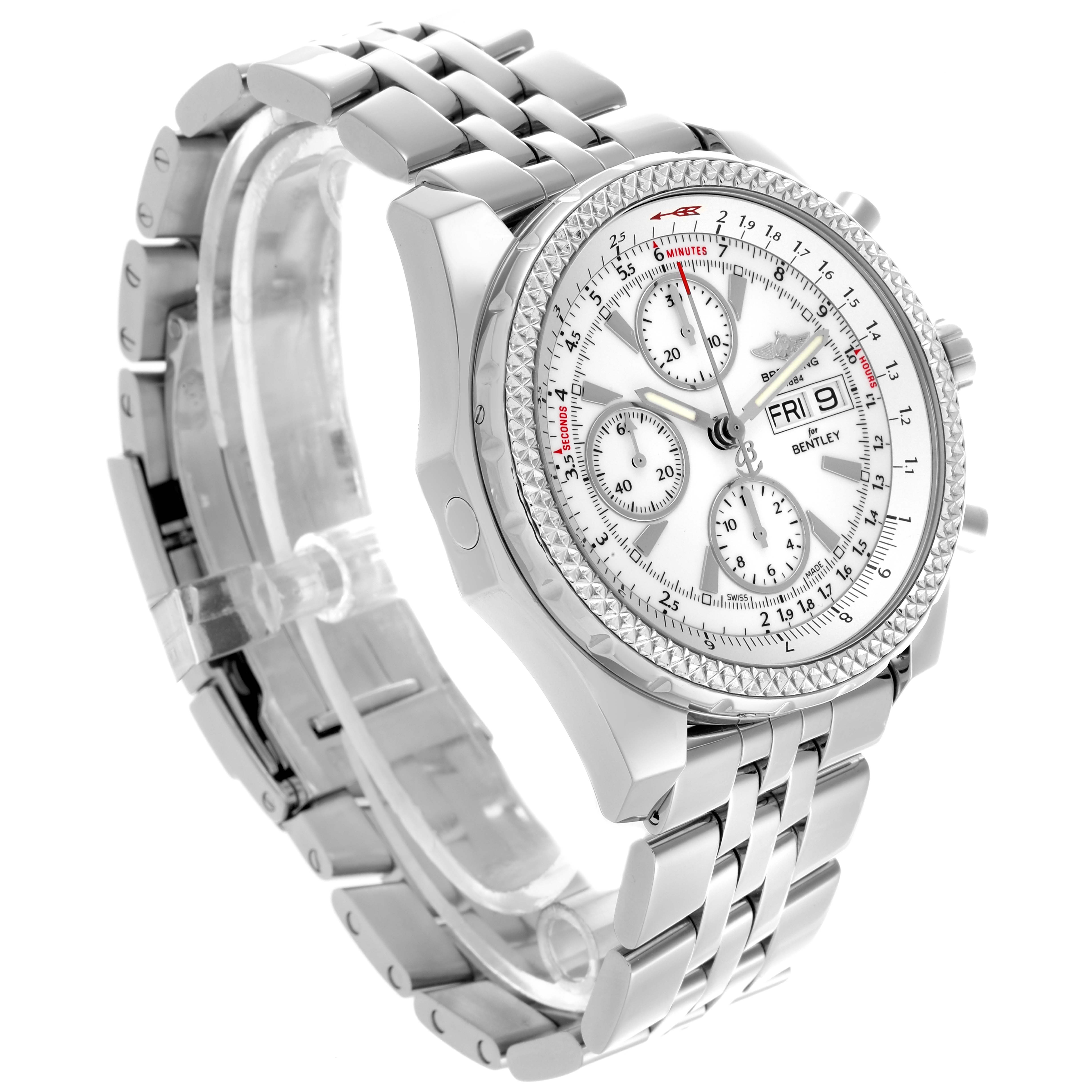 The Breitling Bentley A1336212/A726 Men's Stainless Steel White Dial A1336212/A726 Men's Stainless Steel White Dial watch is shown from a three-quarter angle, displaying the face, bezel, and bracelet in detail.