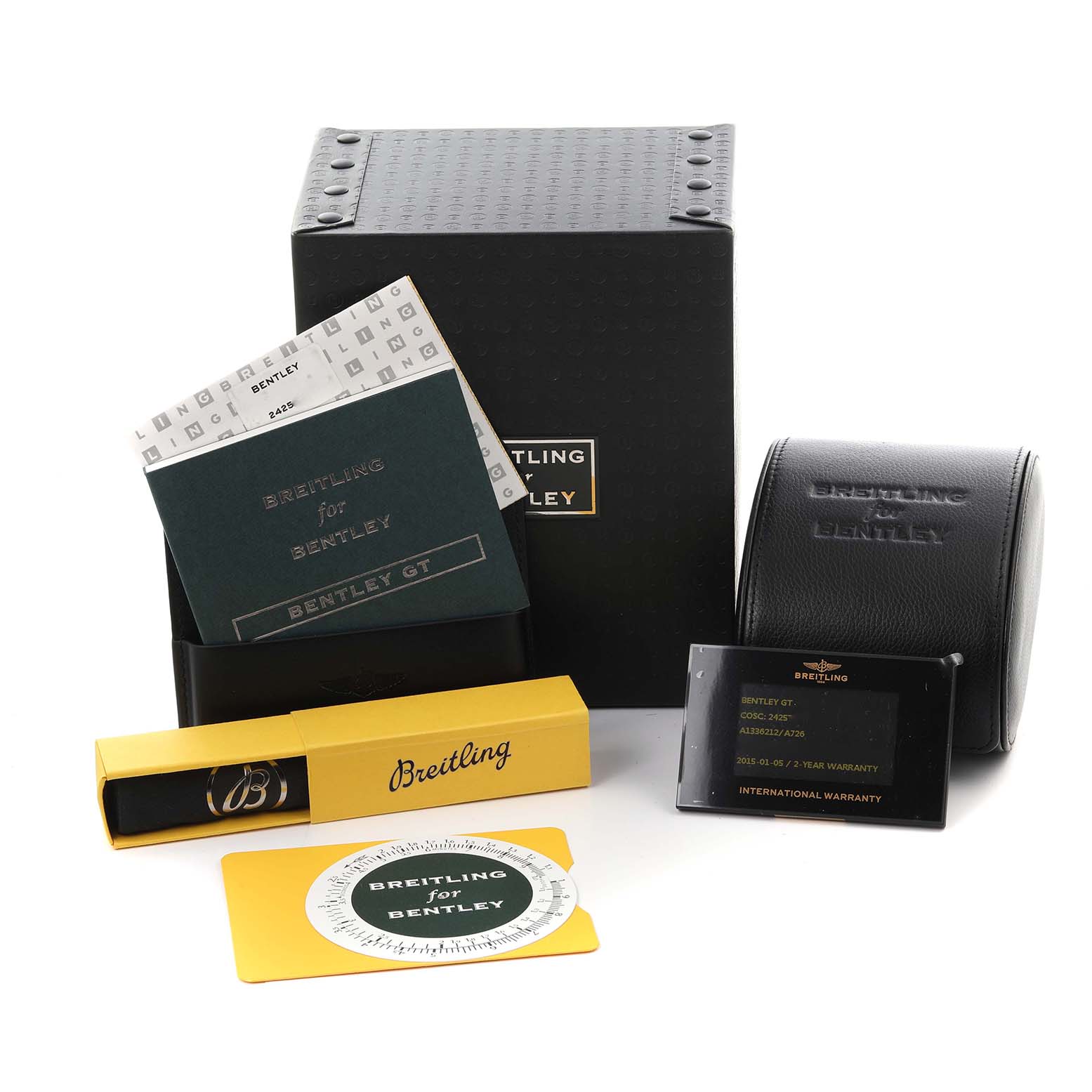 The image shows packaging, manuals, a warranty card, and a case for the Breitling Bentley A1336212/A726 Men's Stainless Steel White Dial A1336212/A726 Men's Stainless Steel White Dial watch model.