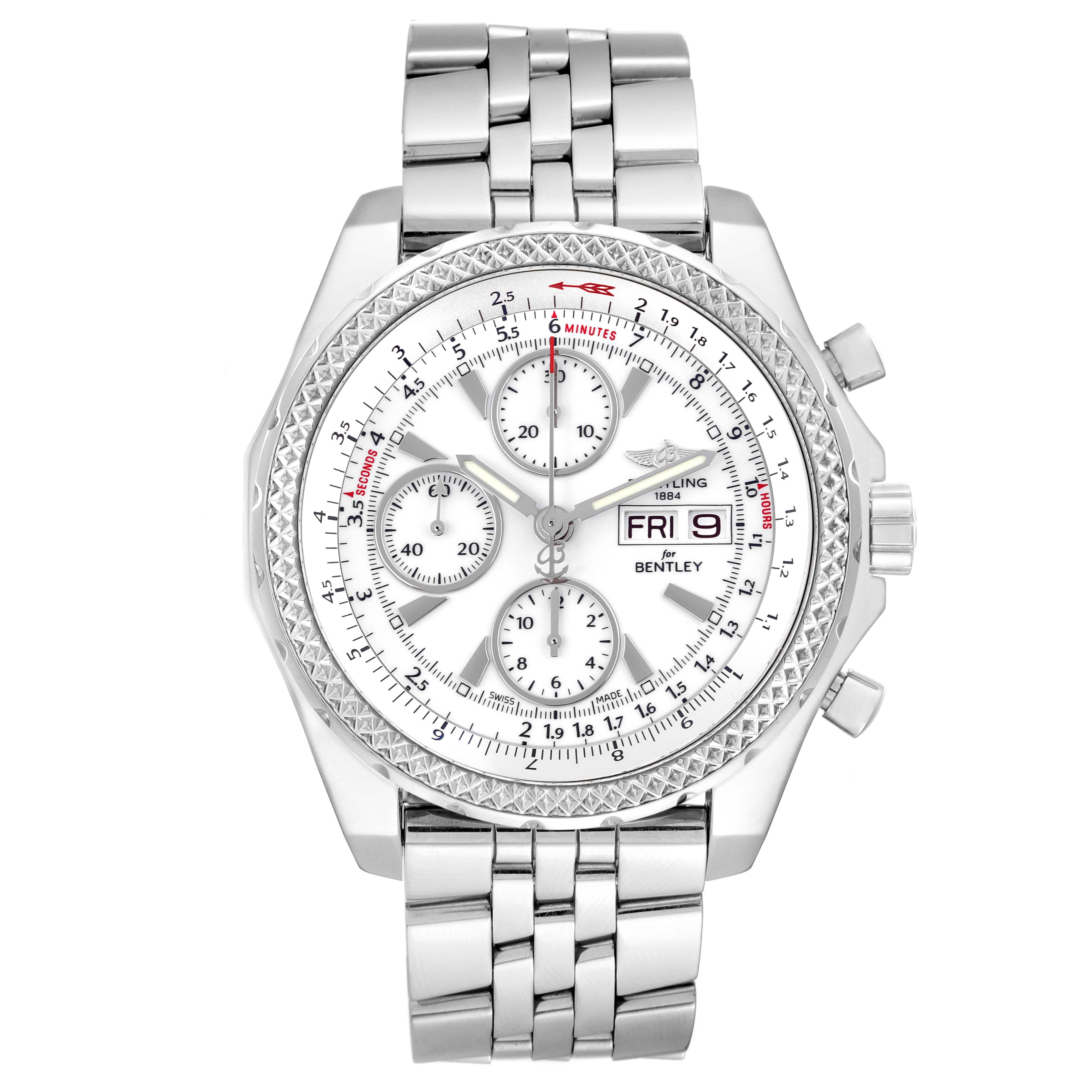 The Breitling Bentley A1336212/A726 Men's Stainless Steel White Dial A1336212/A726 Men's Stainless Steel White Dial watch is shown from the front, highlighting the dial, bezel, and bracelet.
