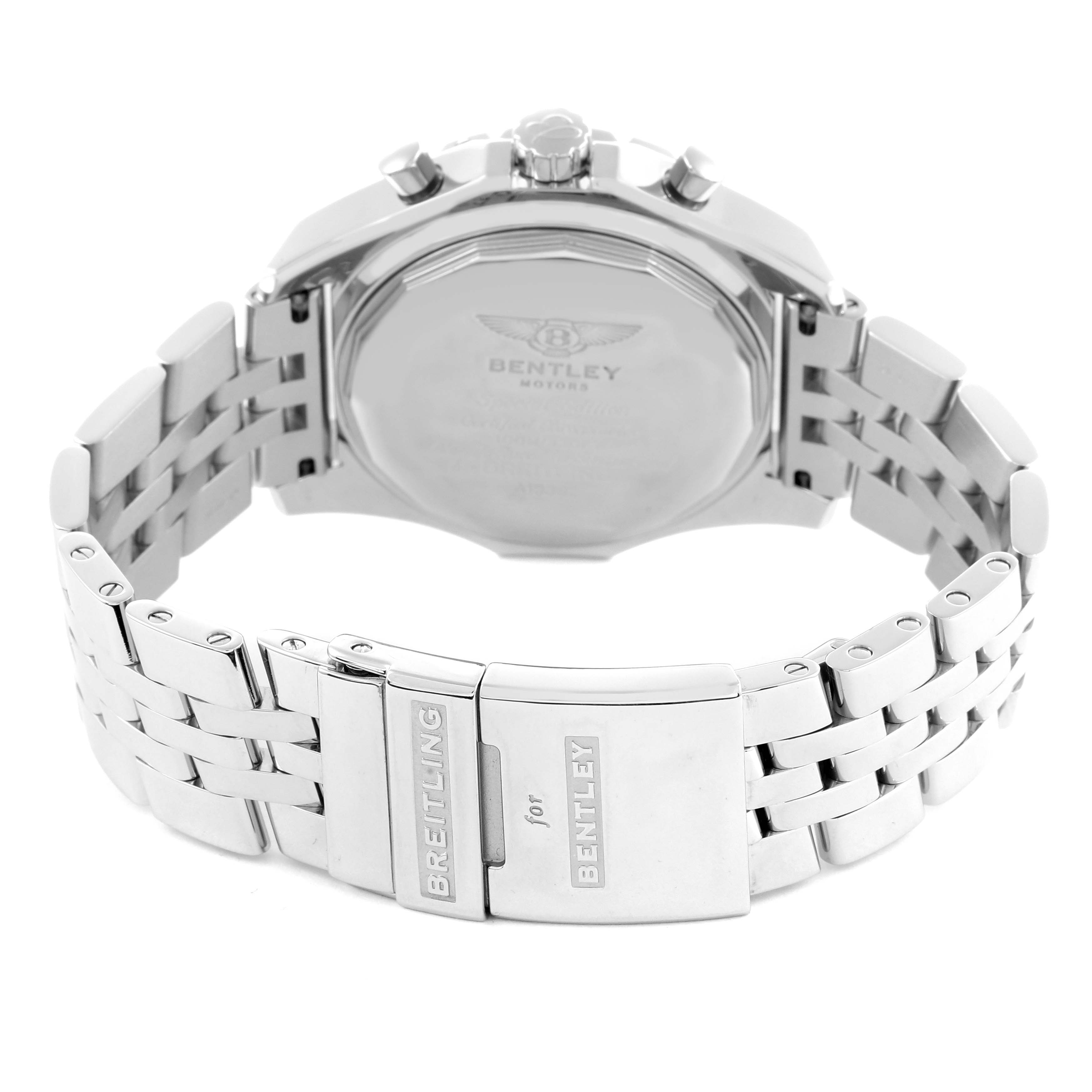 The image shows the back view of a Breitling Bentley A1336212/A726 Men's Stainless Steel White Dial A1336212/A726 Men's Stainless Steel White Dial model watch, highlighting the clasp and bracelet details.