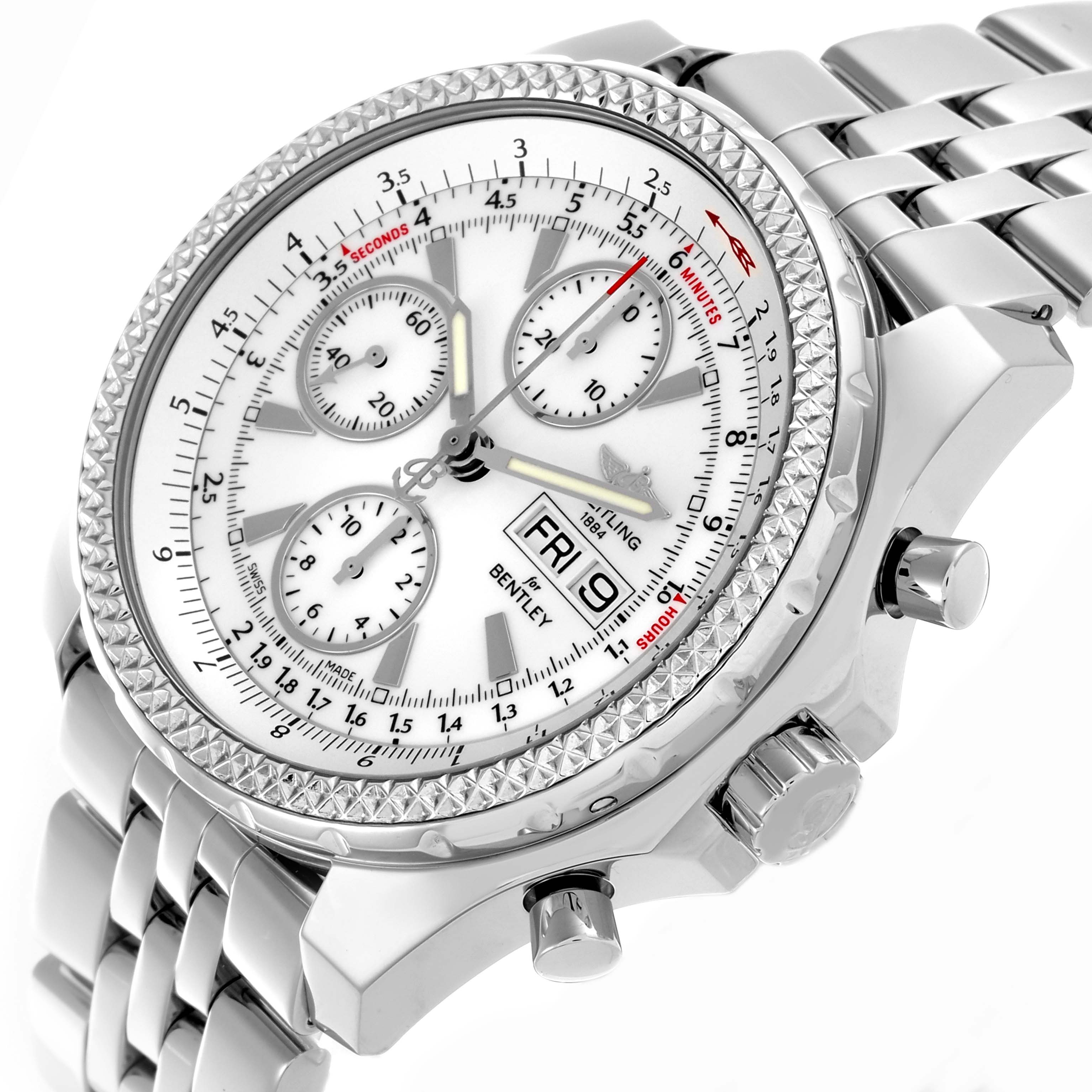 The Breitling Bentley A1336212/A726 Men's Stainless Steel White Dial A1336212/A726 Men's Stainless Steel White Dial watch is shown from a side angle, highlighting the bezel, dial, crown, and chronograph pushers.