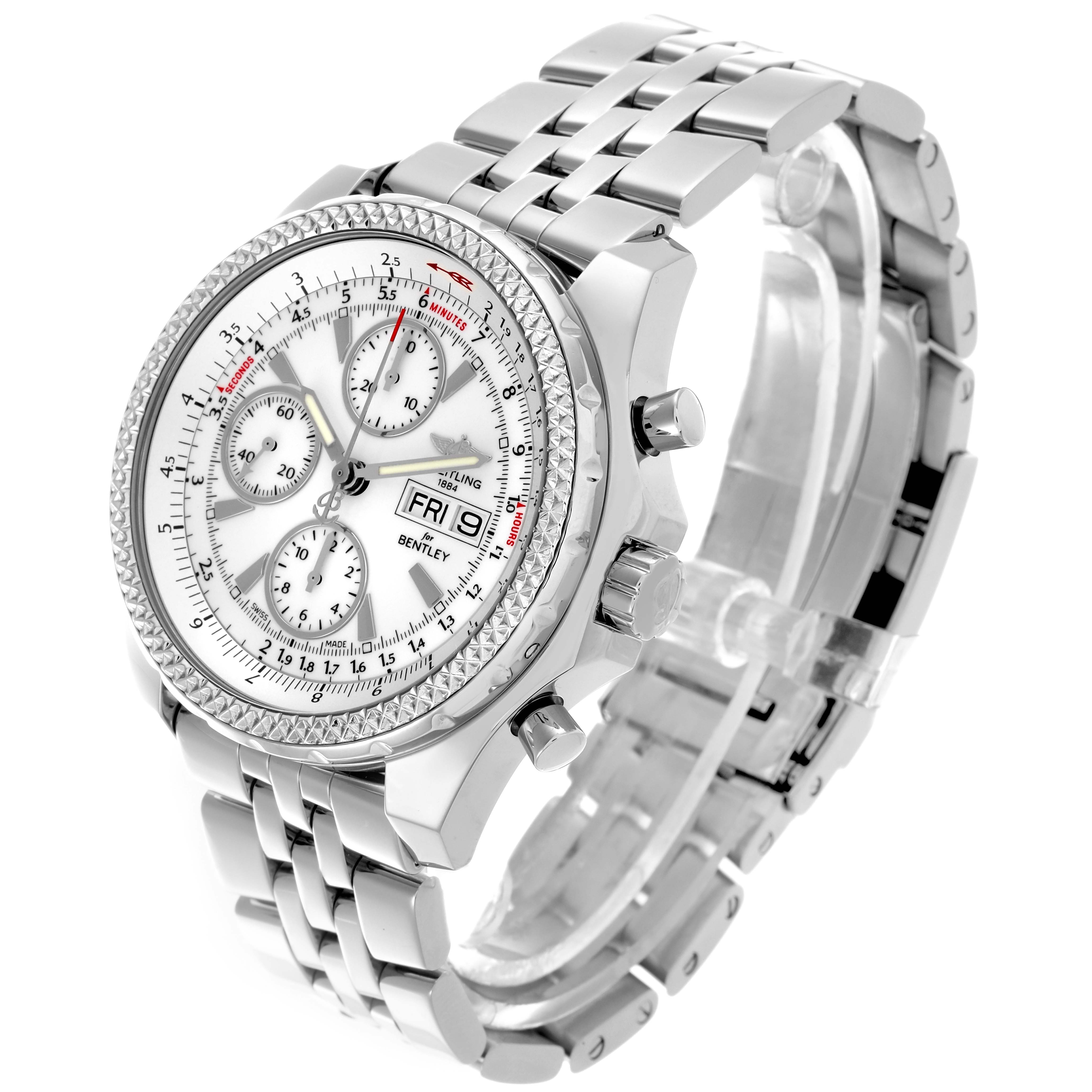 The Breitling Bentley A1336212/A726 Men's Stainless Steel White Dial A1336212/A726 Men's Stainless Steel White Dial watch is shown at a three-quarter angle, highlighting the dial, bezel, crown, and stainless steel bracelet.