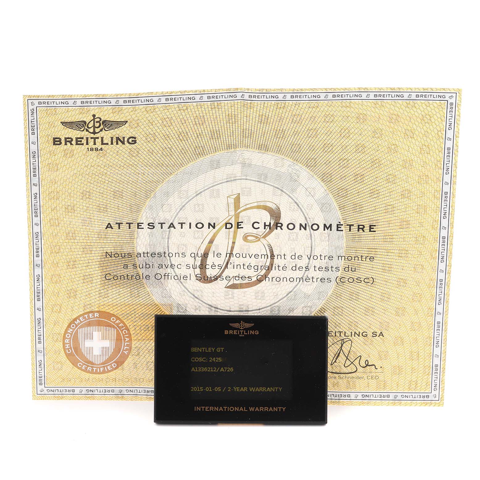 The image shows a Breitling Bentley A1336212/A726 Men's Stainless Steel White Dial A1336212/A726 Men's Stainless Steel White Dial model certificate and international warranty card.