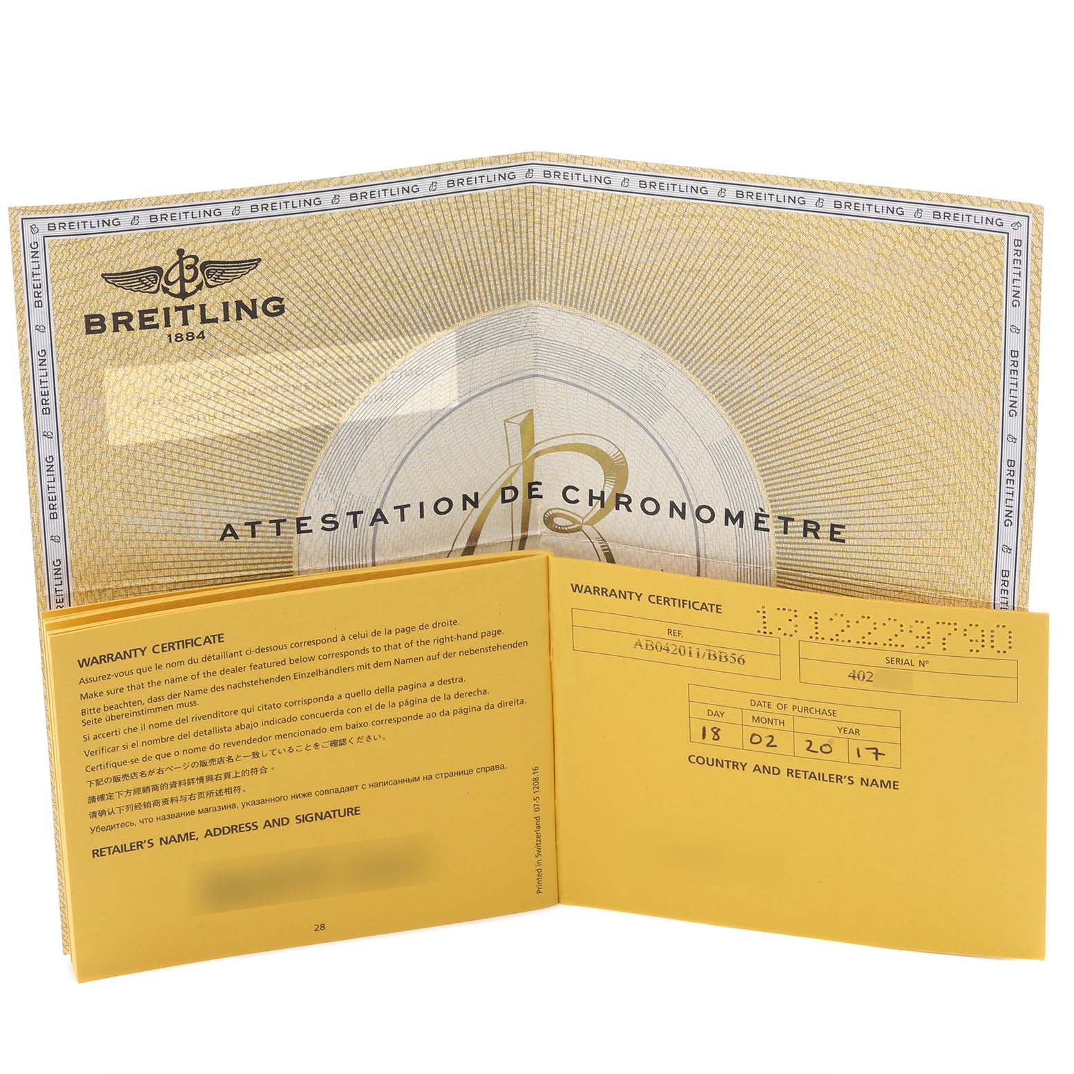 The image shows the warranty certificate and official documentation for the Breitling Chronomat AB0420 Men's Stainless Steel Black Dial AB0420 Men's Stainless Steel Black Dial.