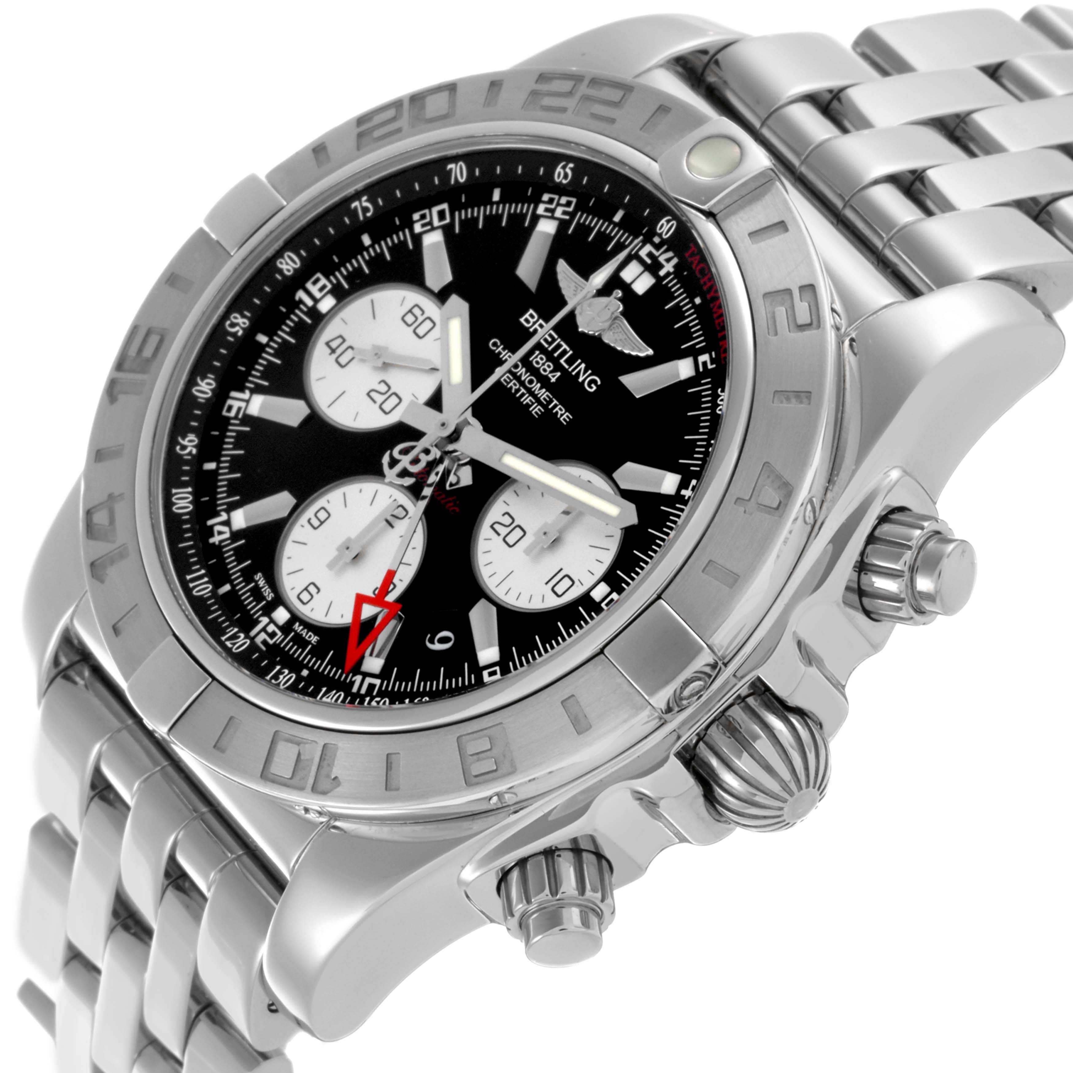 The Breitling Chronomat AB0420 Men's Stainless Steel Black Dial AB0420 Men's Stainless Steel Black Dial watch is shown at an angle highlighting the dial, bezel, crown, and part of the bracelet.