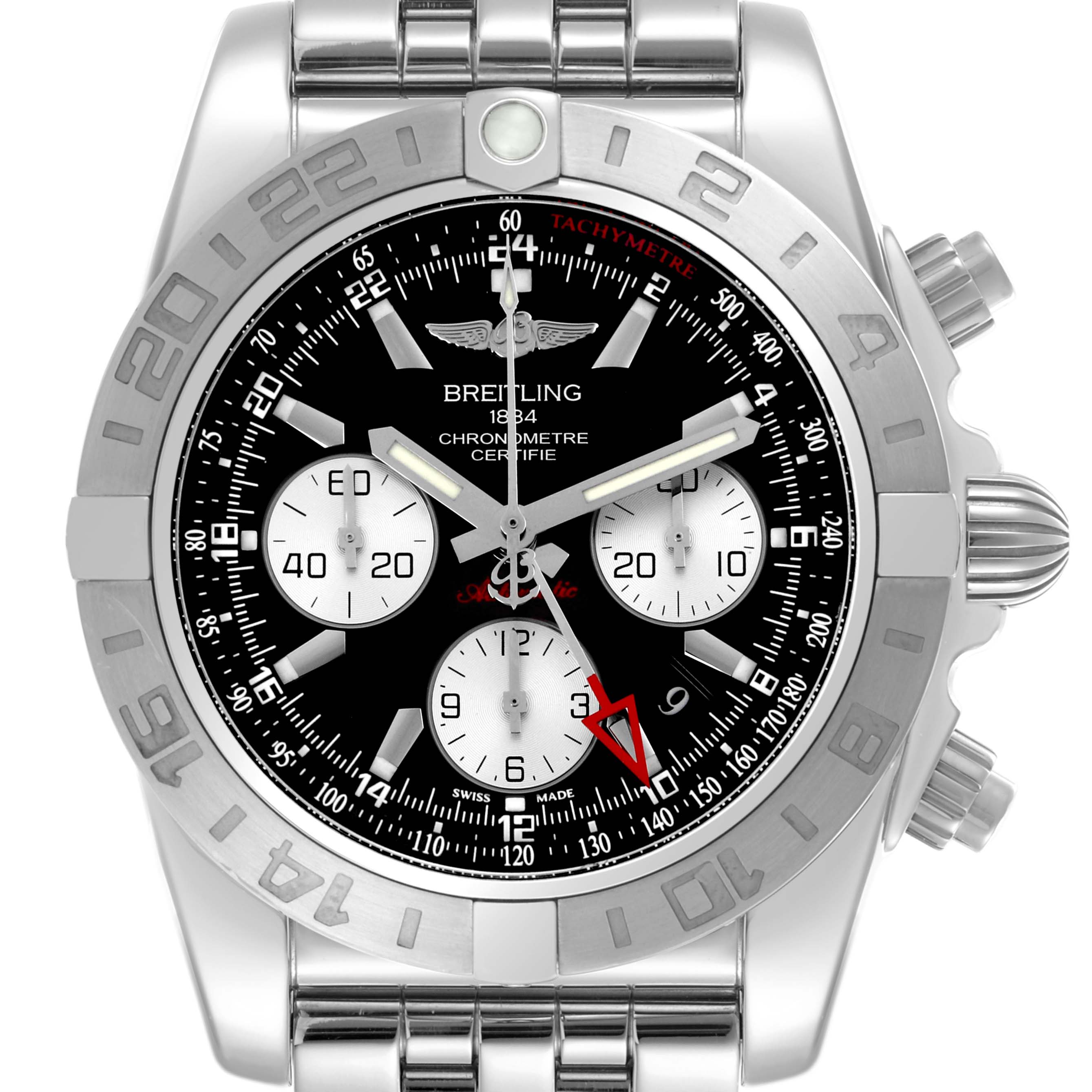 The Breitling Chronomat AB0420 Men's Stainless Steel Black Dial AB0420 Men's Stainless Steel Black Dial watch is shown from a front angle, highlighting the dial, bezel, and pushers.