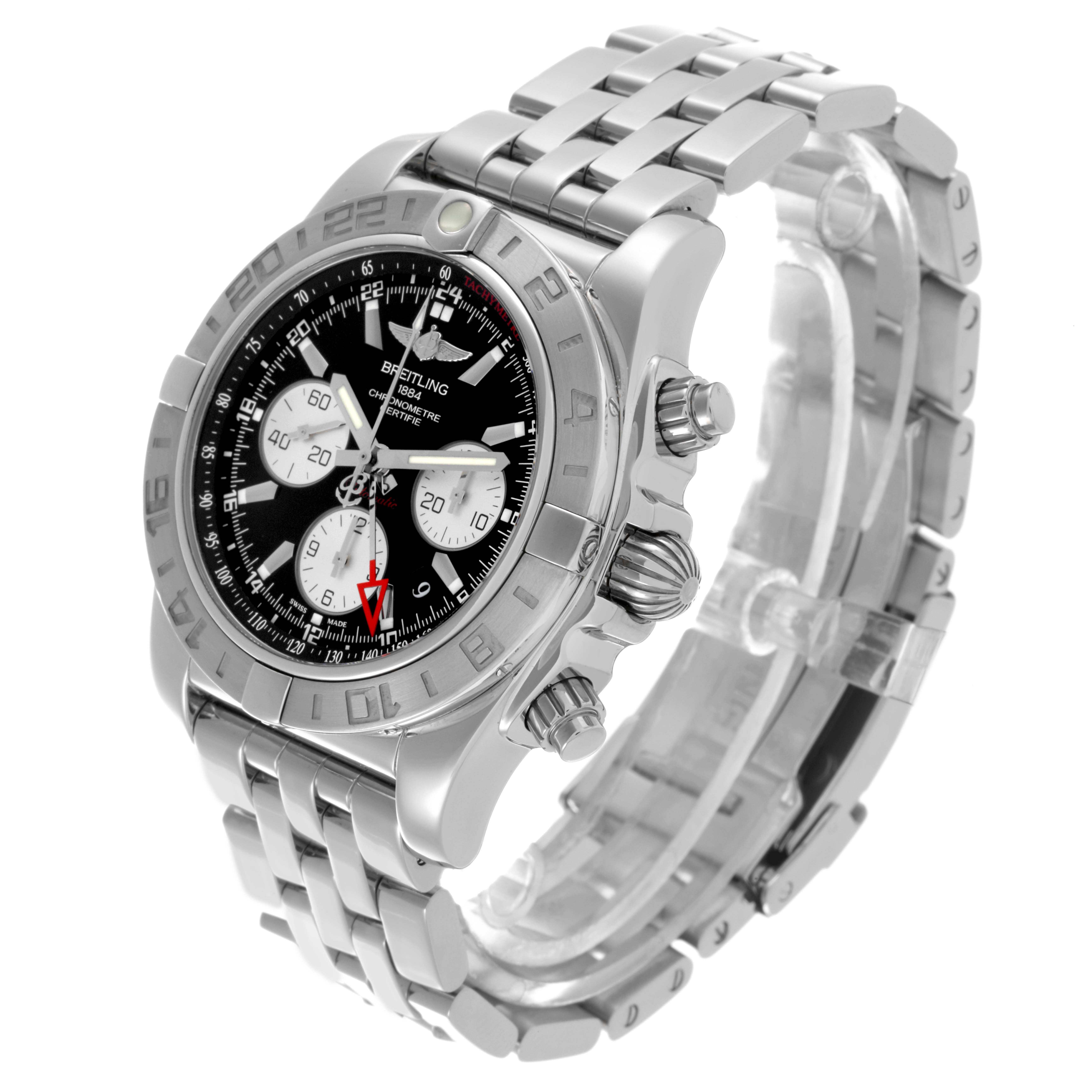 The Breitling Chronomat AB0420 Men's Stainless Steel Black Dial AB0420 Men's Stainless Steel Black Dial watch is shown at a slight angle, displaying the face, bezel, and part of the bracelet.