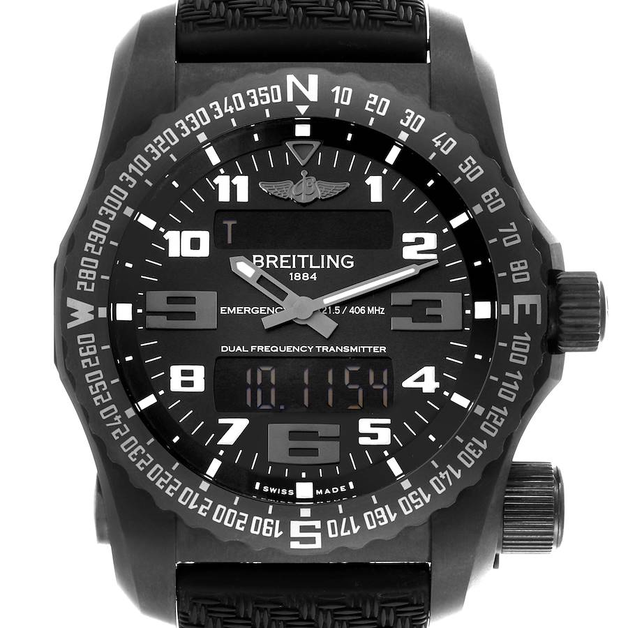 The Breitling Bentley watch is shown from a top view, highlighting the dial, bezel, and digital display.