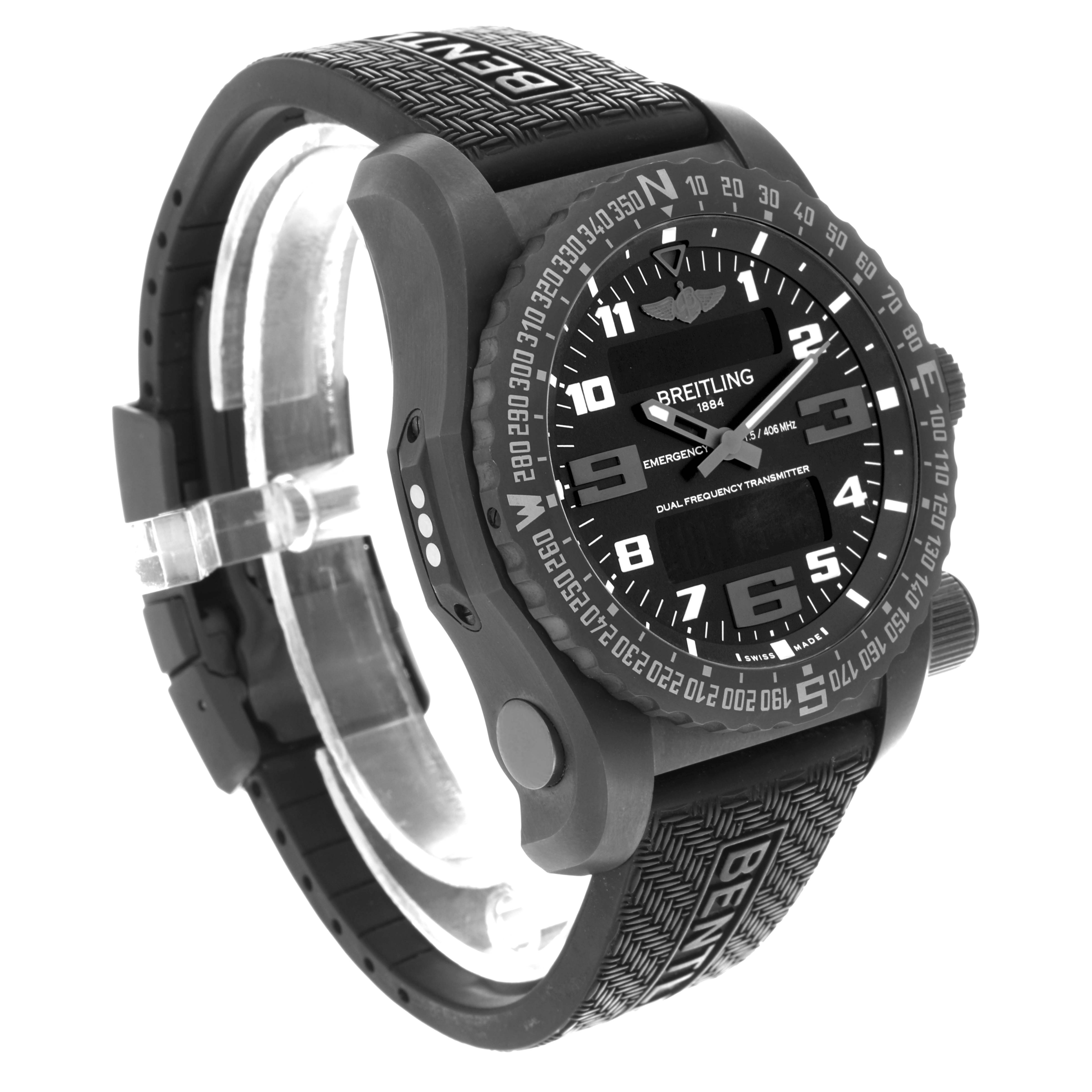 The Breitling Bentley watch is shown at a three-quarter angle, highlighting the face, bezel, and textured strap with branding.