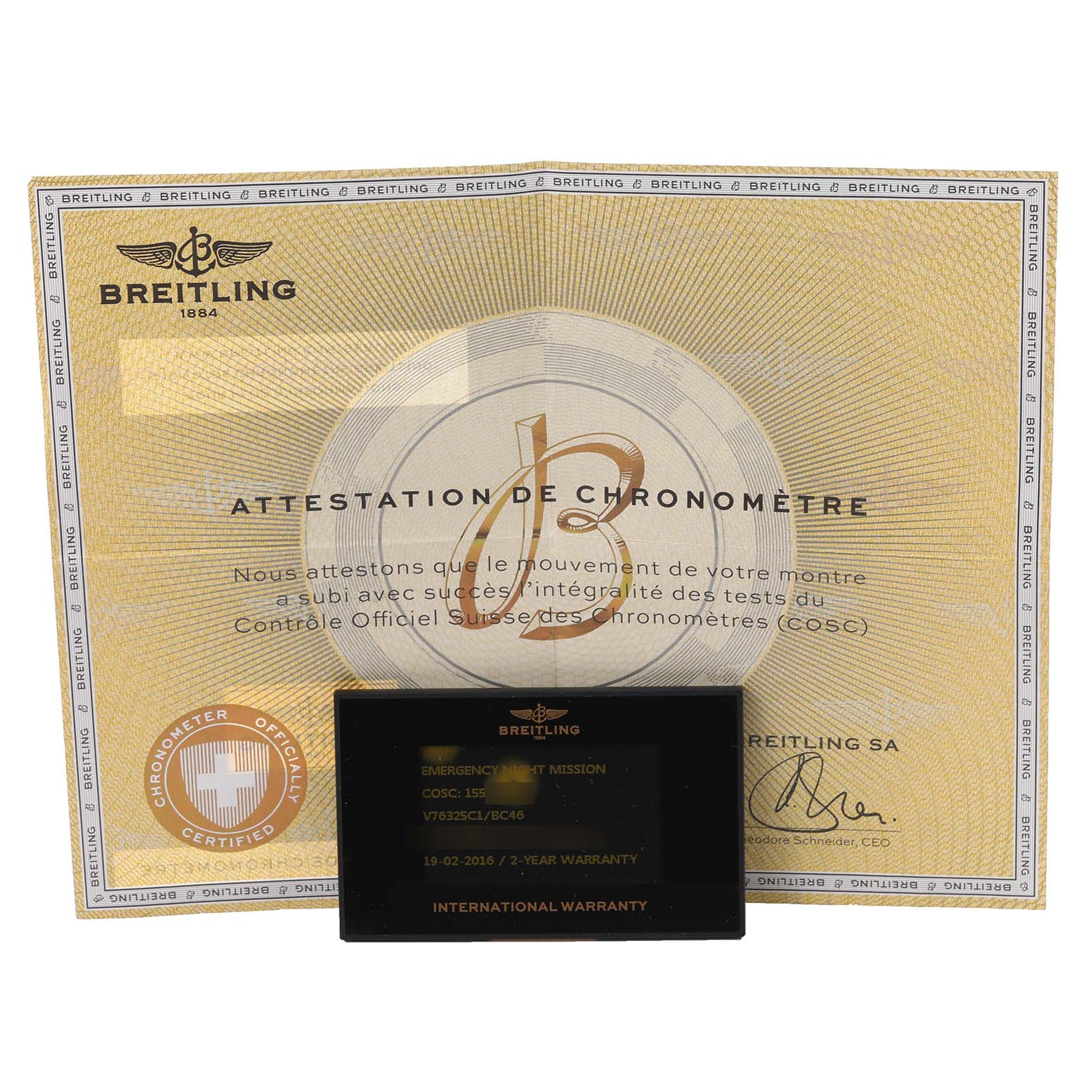 The image shows Breitling Bentley watch certification papers and a warranty card.