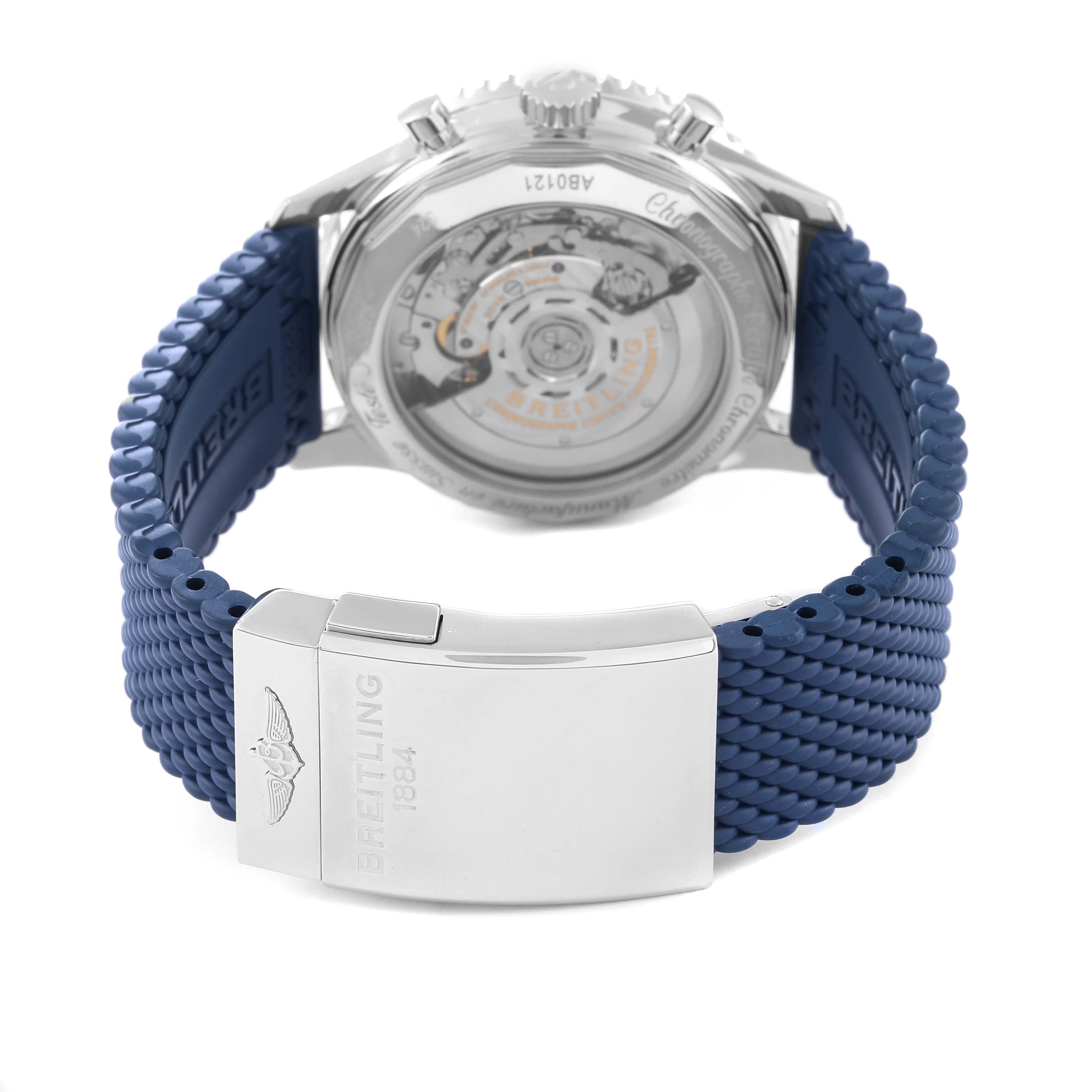 The image shows the back case and clasp of a Breitling Navitimer AB0121 Men
s Stainless Steel Blue Dial AB0121 Men
s Stainless Steel Blue Dial watch with a blue strap.
