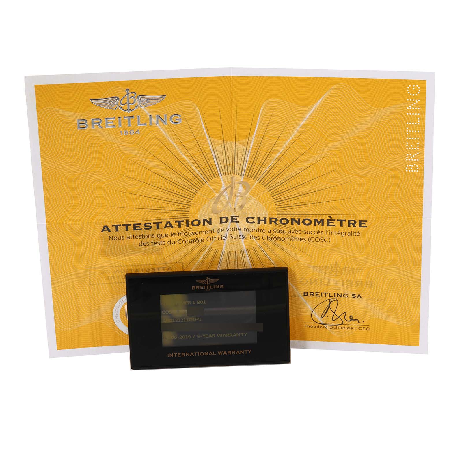 The image shows the warranty and certificate of chronometer for the Breitling Navitimer AB0121 Men
s Stainless Steel Blue Dial AB0121 Men
s Stainless Steel Blue Dial watch.