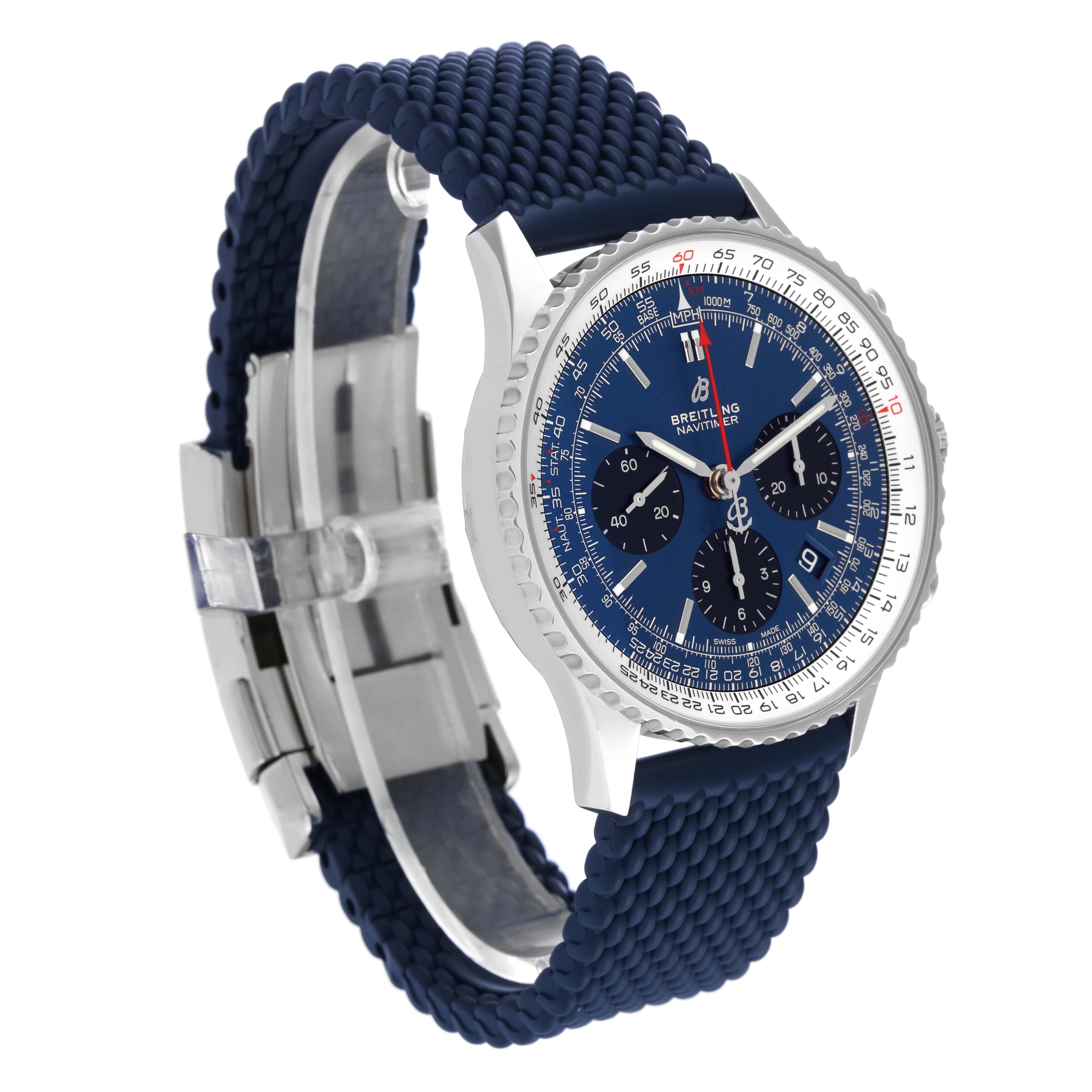 The image shows a Breitling Navitimer AB0121 Men
s Stainless Steel Blue Dial AB0121 Men
s Stainless Steel Blue Dial watch at a three-quarter angle, detailing its blue dial, chronograph, and blue rubber strap.