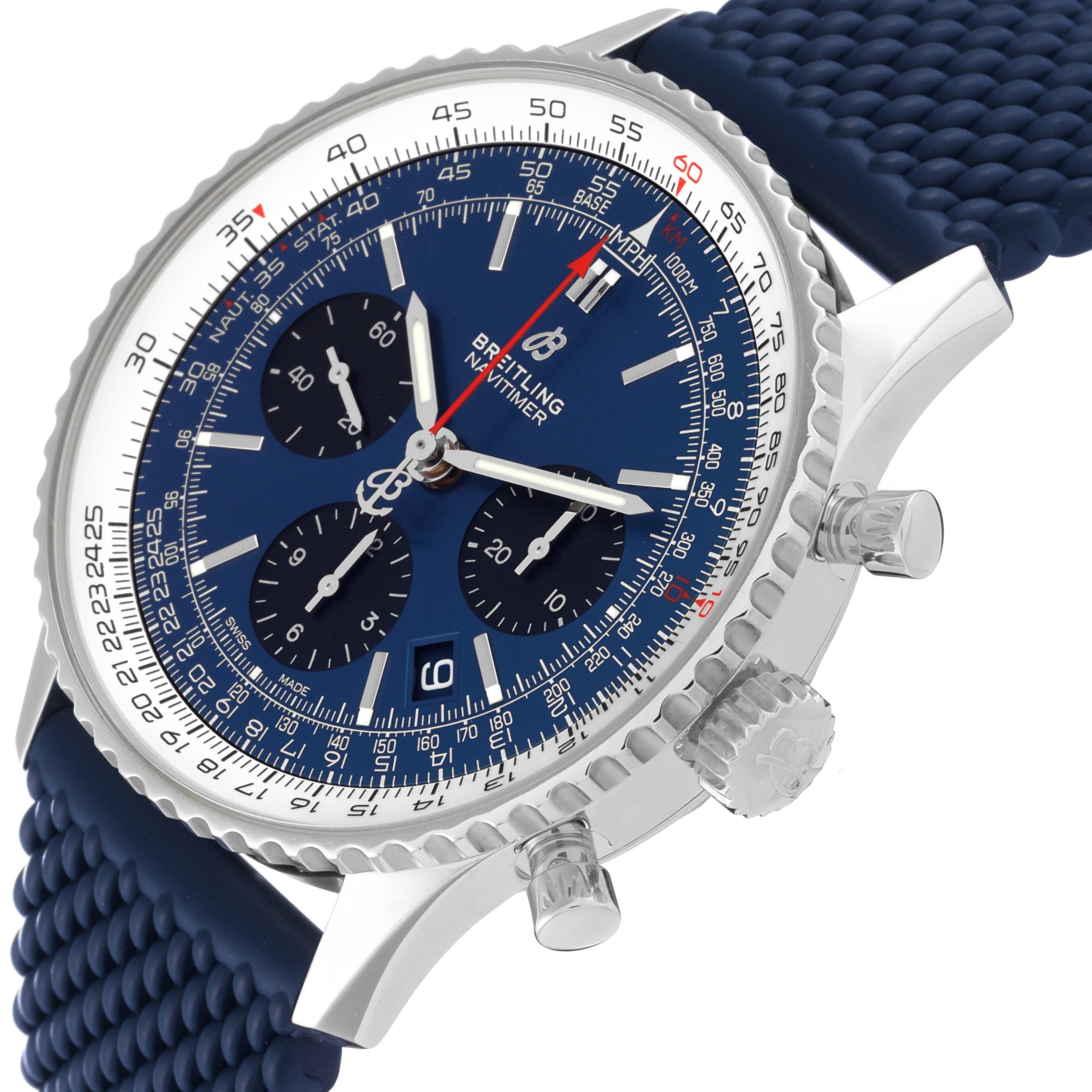 The image shows a close-up angle of a Breitling Navitimer AB0121 Men
s Stainless Steel Blue Dial AB0121 Men
s Stainless Steel Blue Dial watch, featuring its dial, bezel, crown, and blue textured strap.