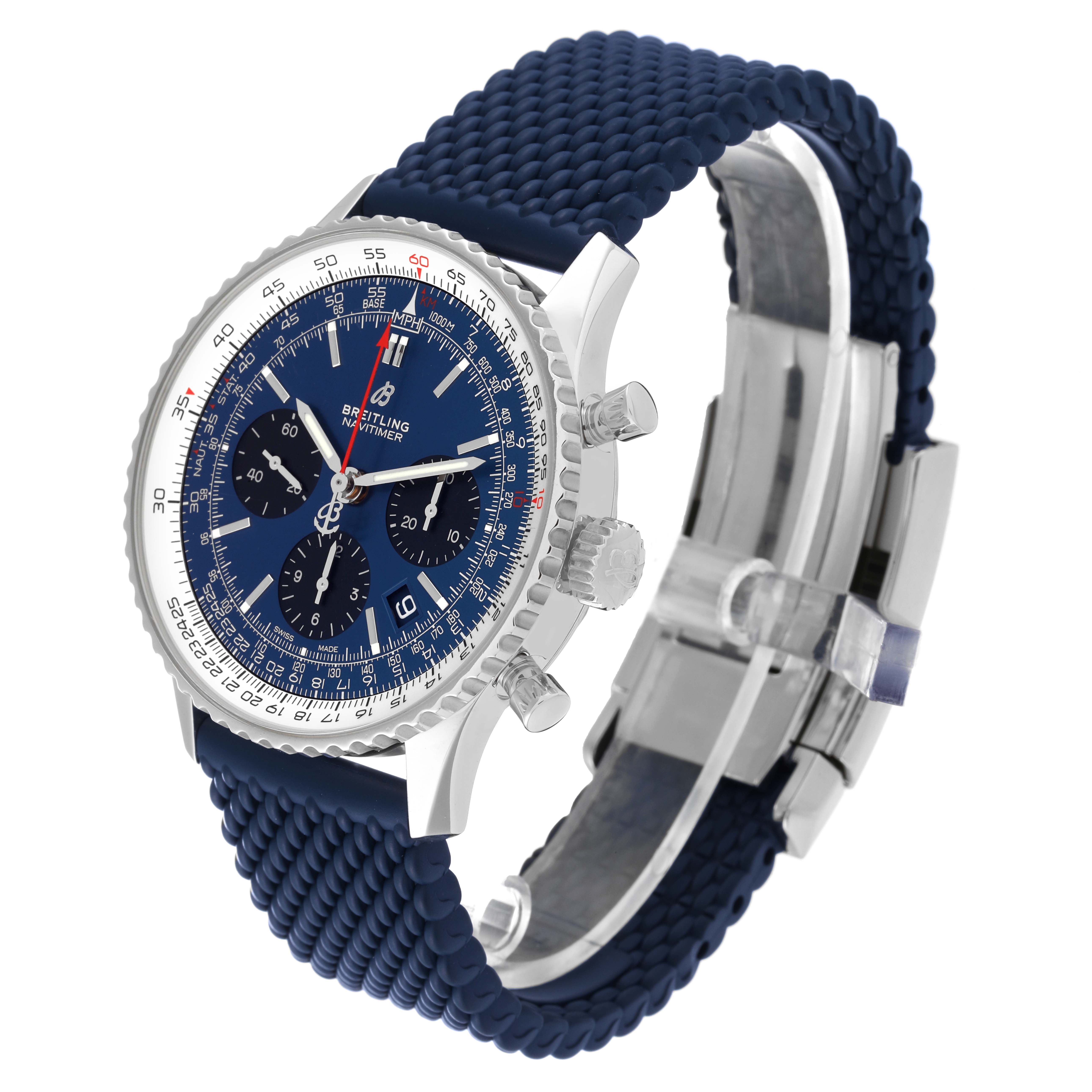 The image shows a Breitling Navitimer AB0121 Men
s Stainless Steel Blue Dial AB0121 Men
s Stainless Steel Blue Dial watch at a three-quarter angle, displaying its face, bezel, crown, pushers, and blue strap.