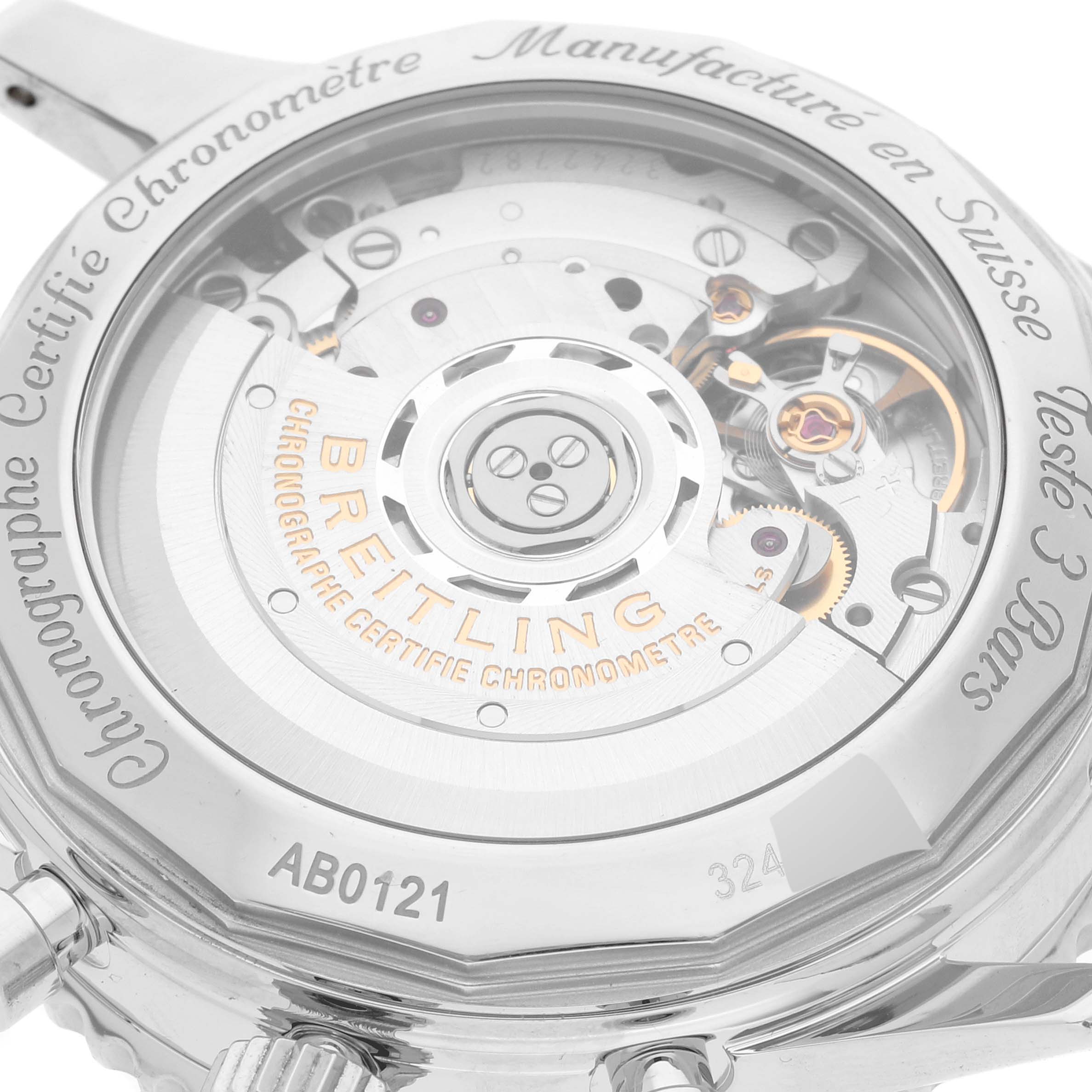 The image shows the backside of a Breitling Navitimer AB0121 Men
s Stainless Steel Blue Dial AB0121 Men
s Stainless Steel Blue Dial watch, revealing its intricate mechanical movement and transparent case back.