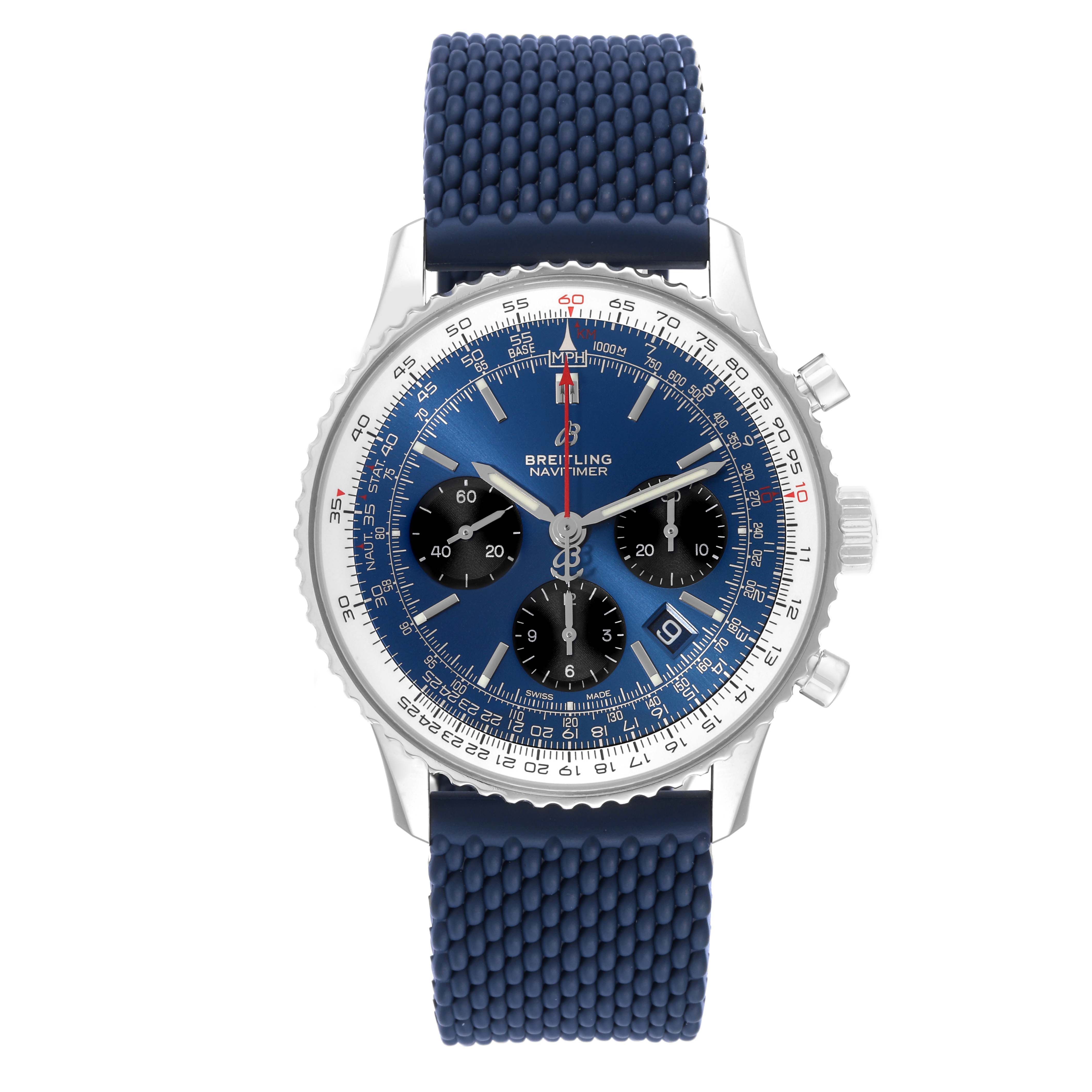 The Breitling Navitimer AB0121 Men
s Stainless Steel Blue Dial AB0121 Men
s Stainless Steel Blue Dial watch is shown from a front angle, displaying the blue dial, three sub-dials, and blue strap.