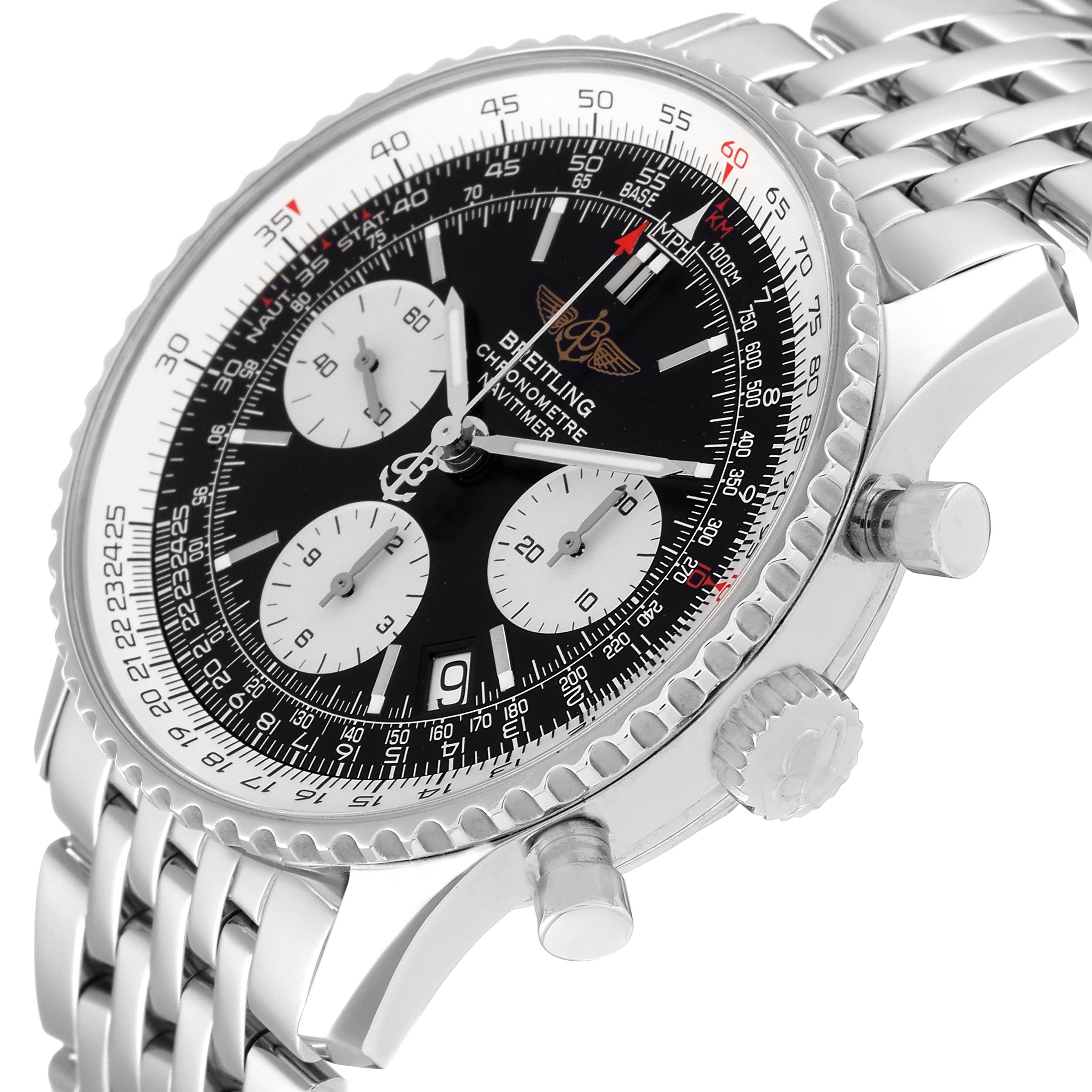 This image shows a close-up angled view of the Breitling Navitimer A23322 Men
s Stainless Steel Black Dial A23322 Men
s Stainless Steel Black Dial watch, highlighting the dial, bezel, crown, and part of the bracelet.