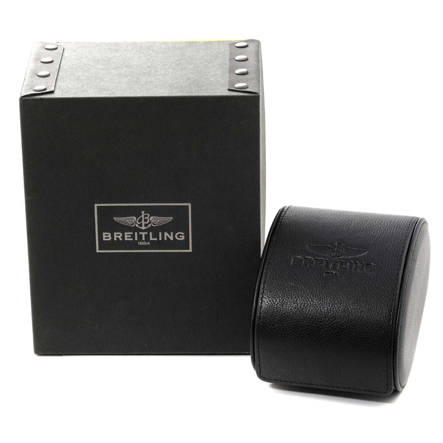 The image shows the box and presentation case for a Breitling Navitimer A23322 Men
s Stainless Steel Black Dial A23322 Men
s Stainless Steel Black Dial watch.