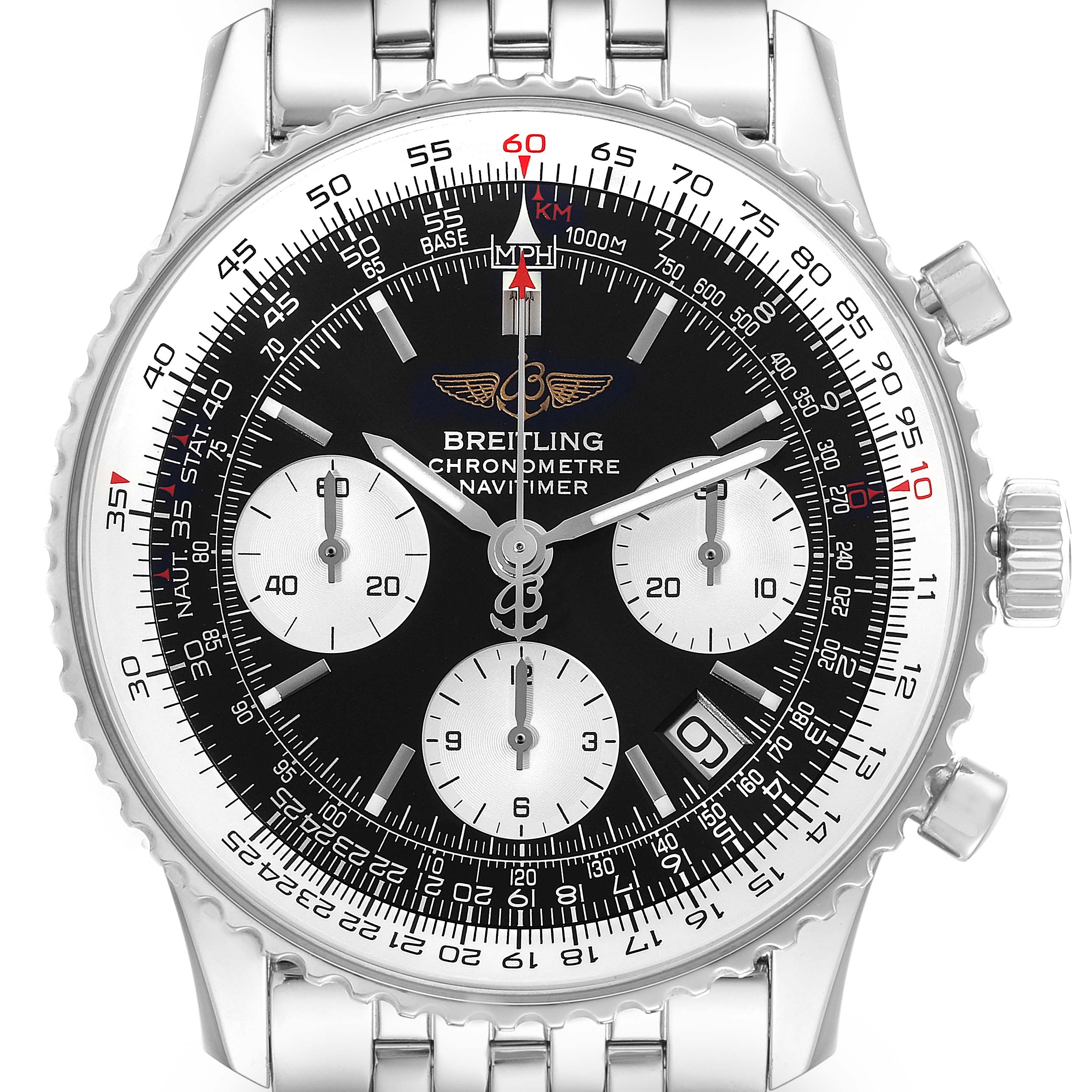 The image shows a front view of the Breitling Navitimer A23322 Men
s Stainless Steel Black Dial A23322 Men
s Stainless Steel Black Dial watch, featuring a black dial, chronograph sub-dials, and a stainless steel bracelet.