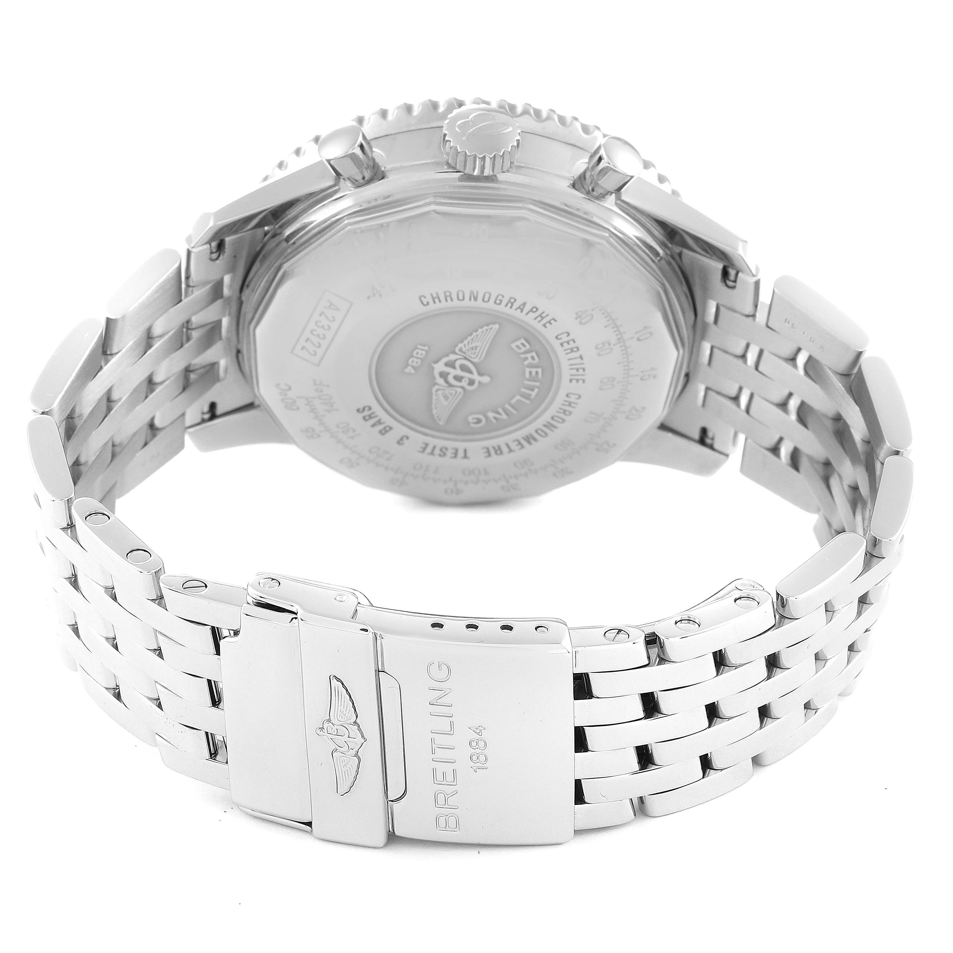 The image shows the back angle of the Breitling Navitimer A23322 Men
s Stainless Steel Black Dial A23322 Men
s Stainless Steel Black Dial watch, focusing on the case back and the metal bracelet.