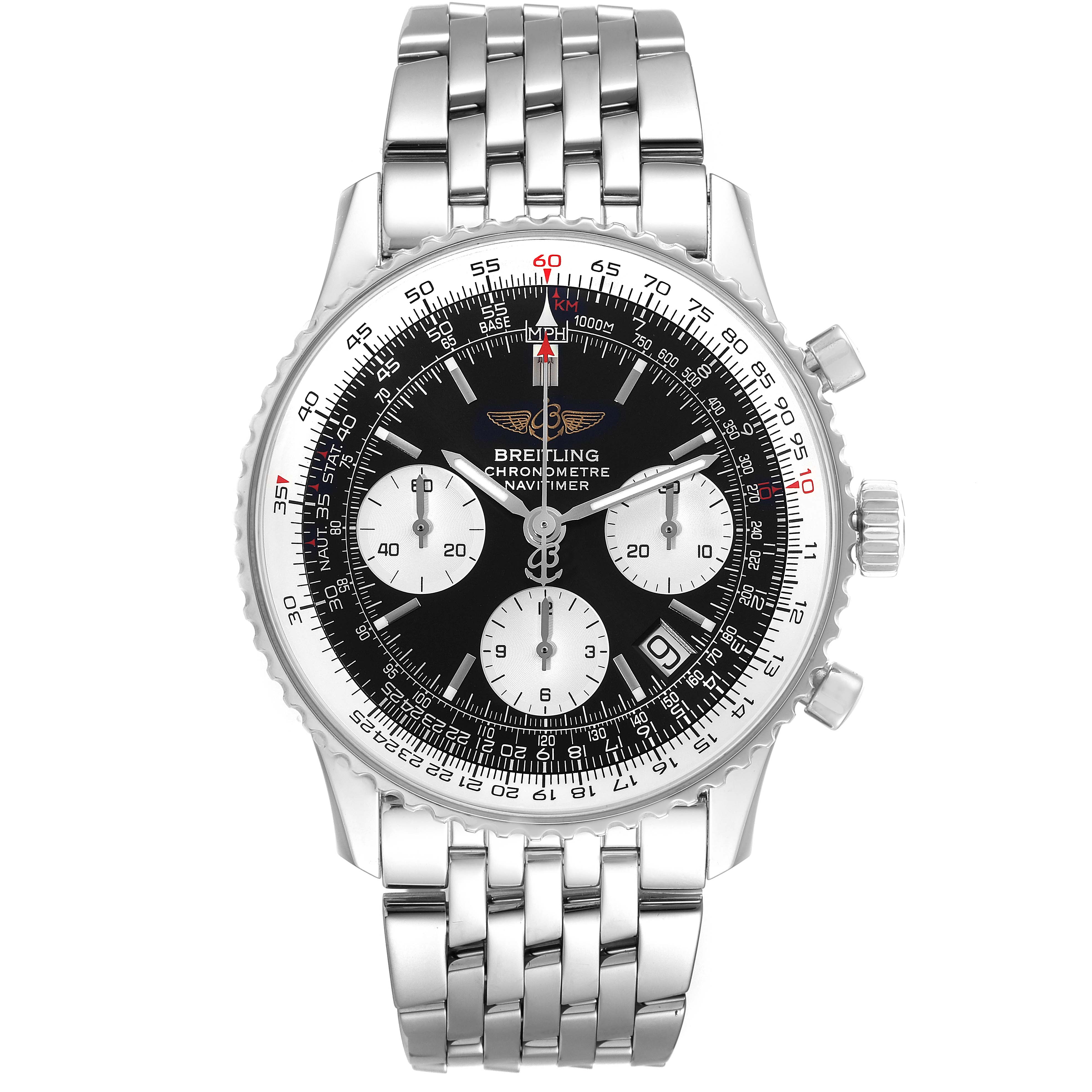 This image shows a frontal view of a Breitling Navitimer A23322 Men
s Stainless Steel Black Dial A23322 Men
s Stainless Steel Black Dial watch, displaying its face and stainless steel bracelet.