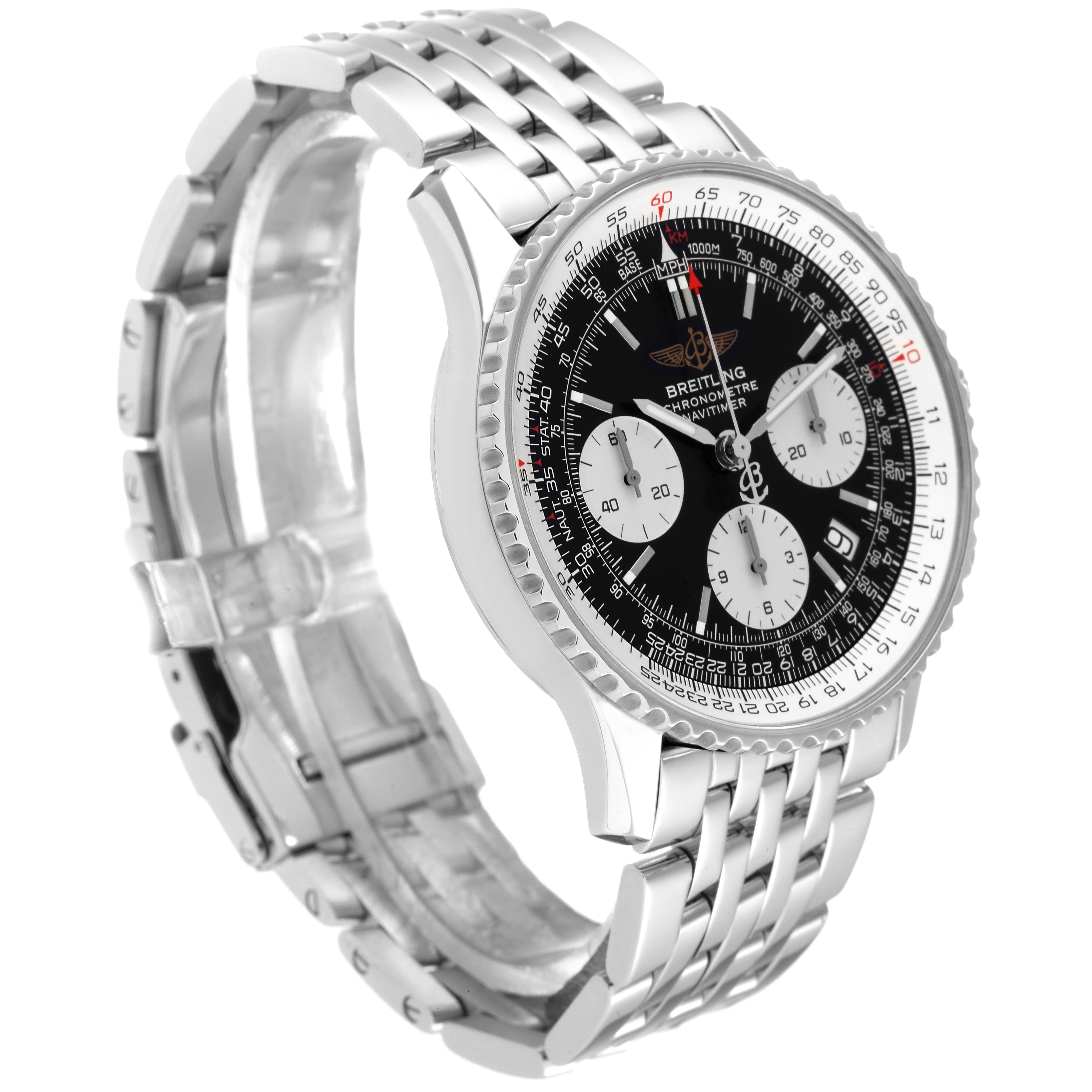 The image shows an angled view of the Breitling Navitimer A23322 Men
s Stainless Steel Black Dial A23322 Men
s Stainless Steel Black Dial watch displaying its face, bezel, and stainless steel bracelet.