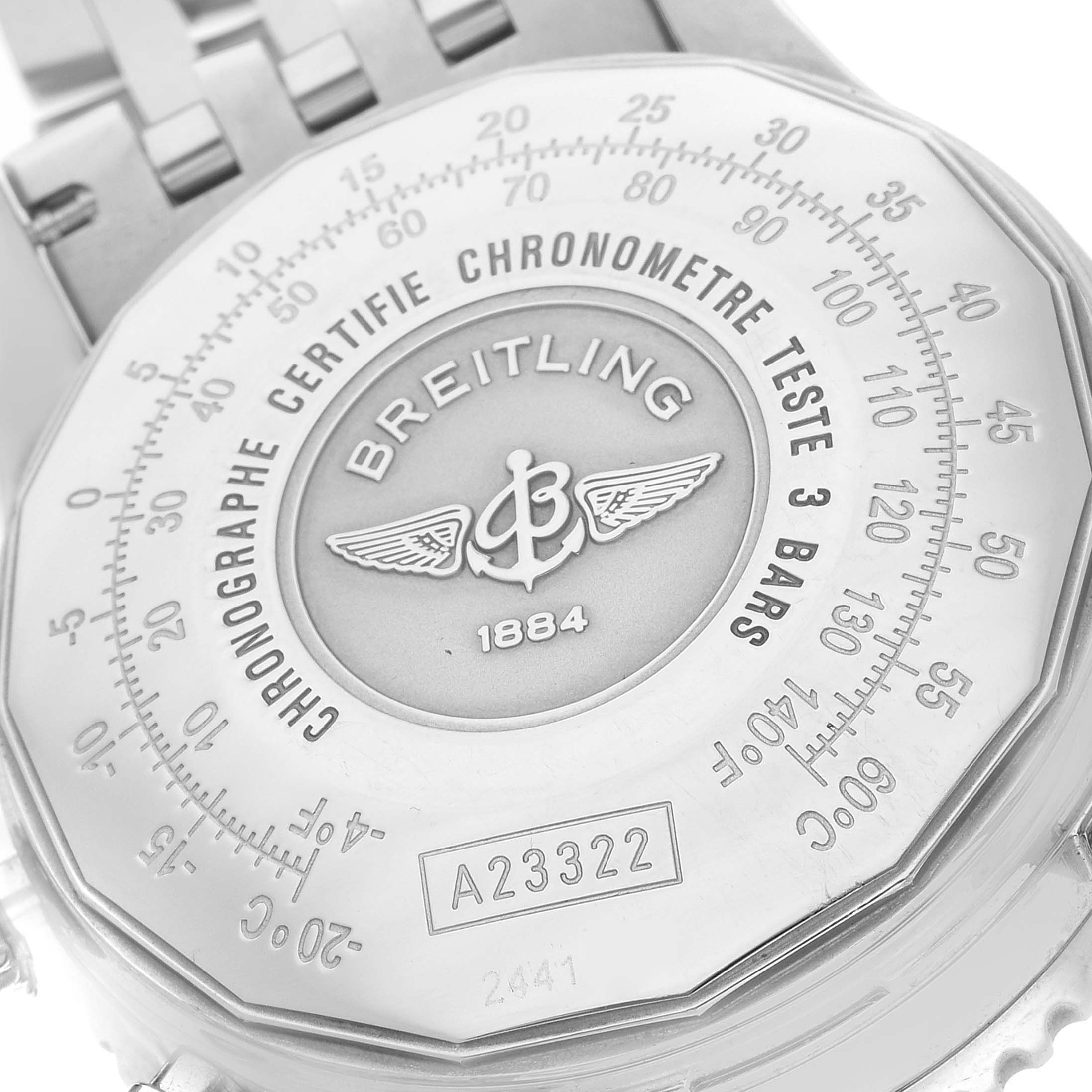 This image shows the case back and bracelet of a Breitling Navitimer A23322 Men
s Stainless Steel Black Dial A23322 Men
s Stainless Steel Black Dial watch, highlighting the chronometer certification and model number A23322.