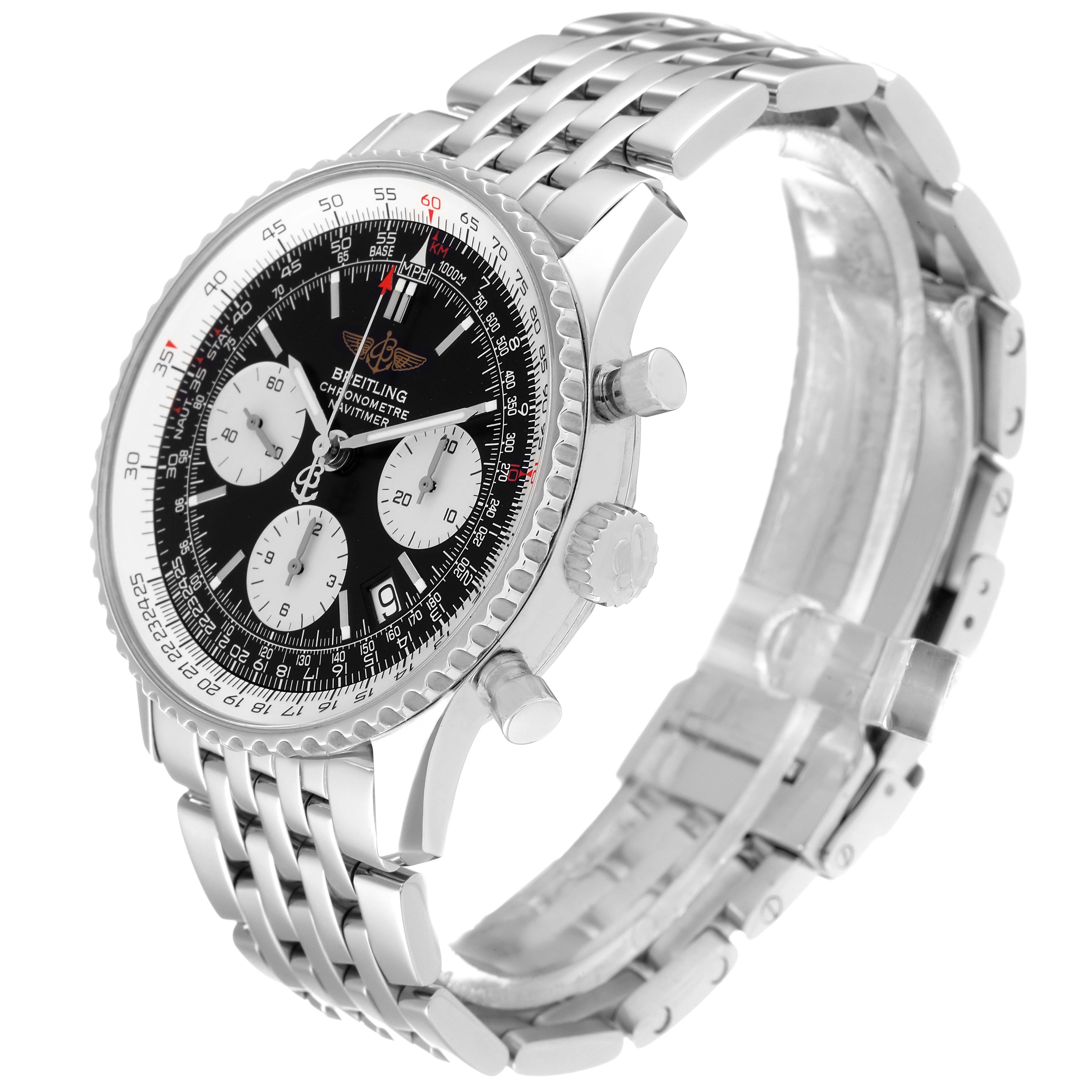 The image shows a side angle view of a Breitling Navitimer A23322 Men
s Stainless Steel Black Dial A23322 Men
s Stainless Steel Black Dial watch, featuring its face, bezel, crown, pushers, and bracelet.