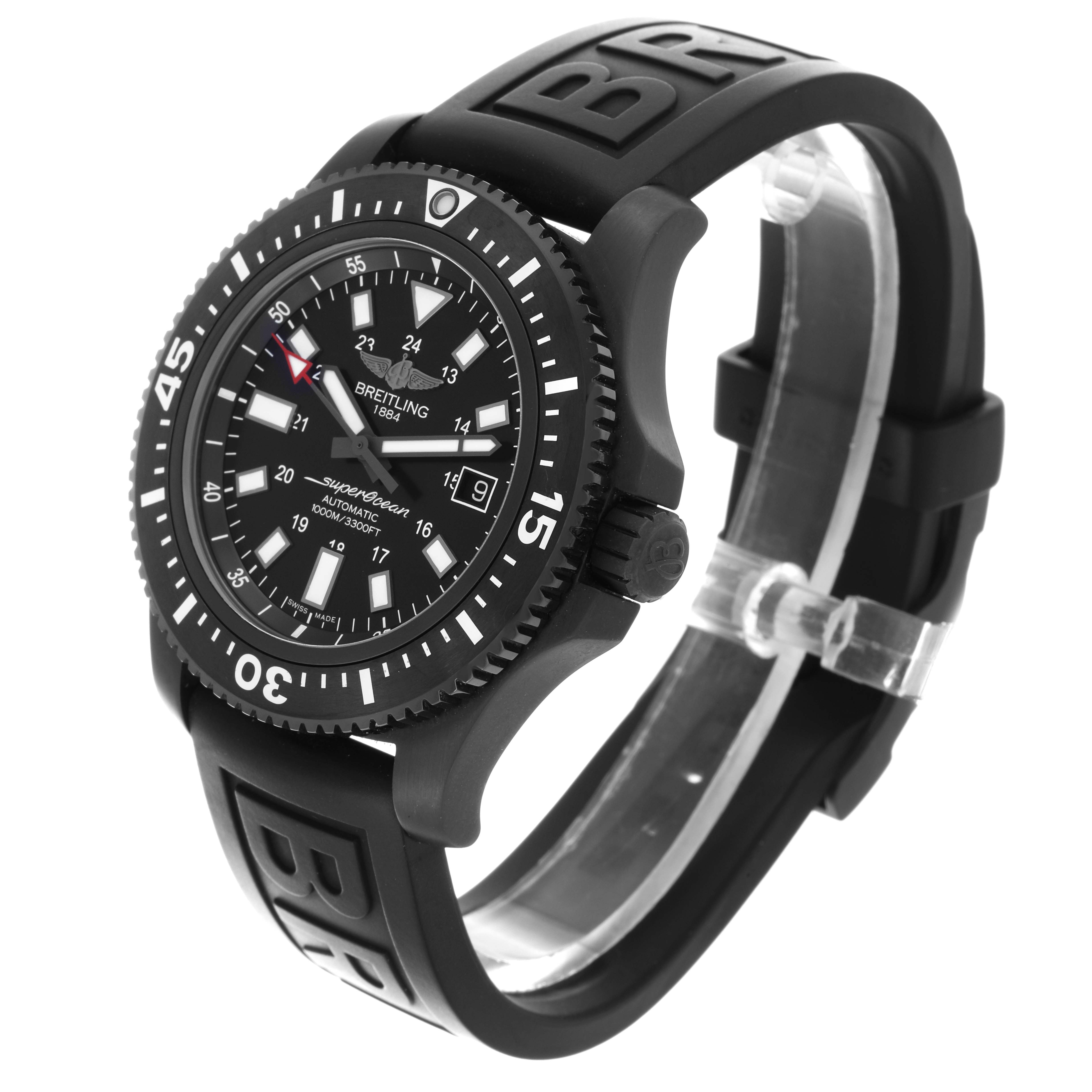 The Breitling Superocean M17393 Men's Stainless Steel Black Dial M17393 Men's Stainless Steel Black Dial watch is shown at a slight angle, highlighting the face, bezel, and rubber strap.