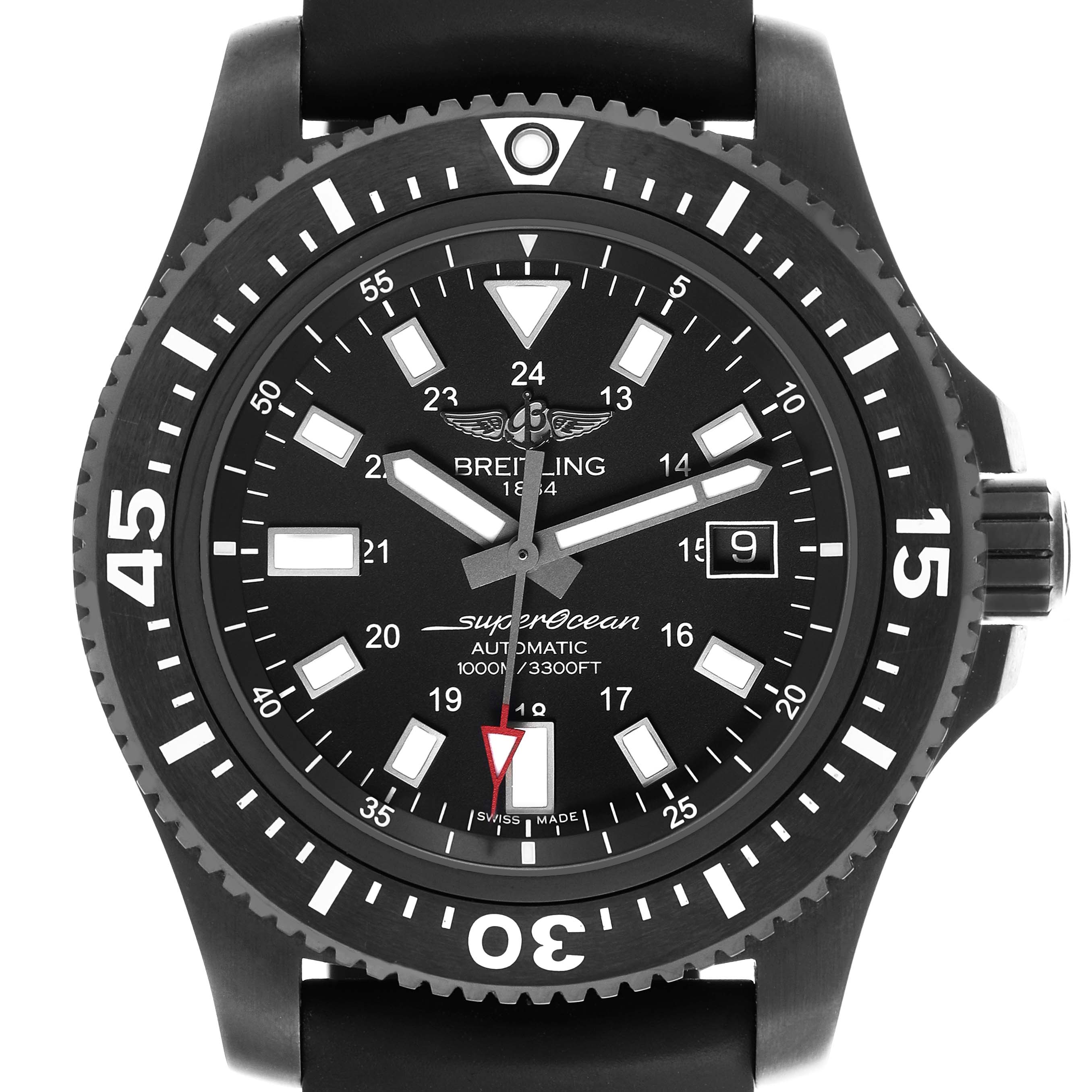 The Breitling Superocean M17393 Men's Stainless Steel Black Dial M17393 Men's Stainless Steel Black Dial watch is shown from the front, highlighting the dial, bezel, and crown.