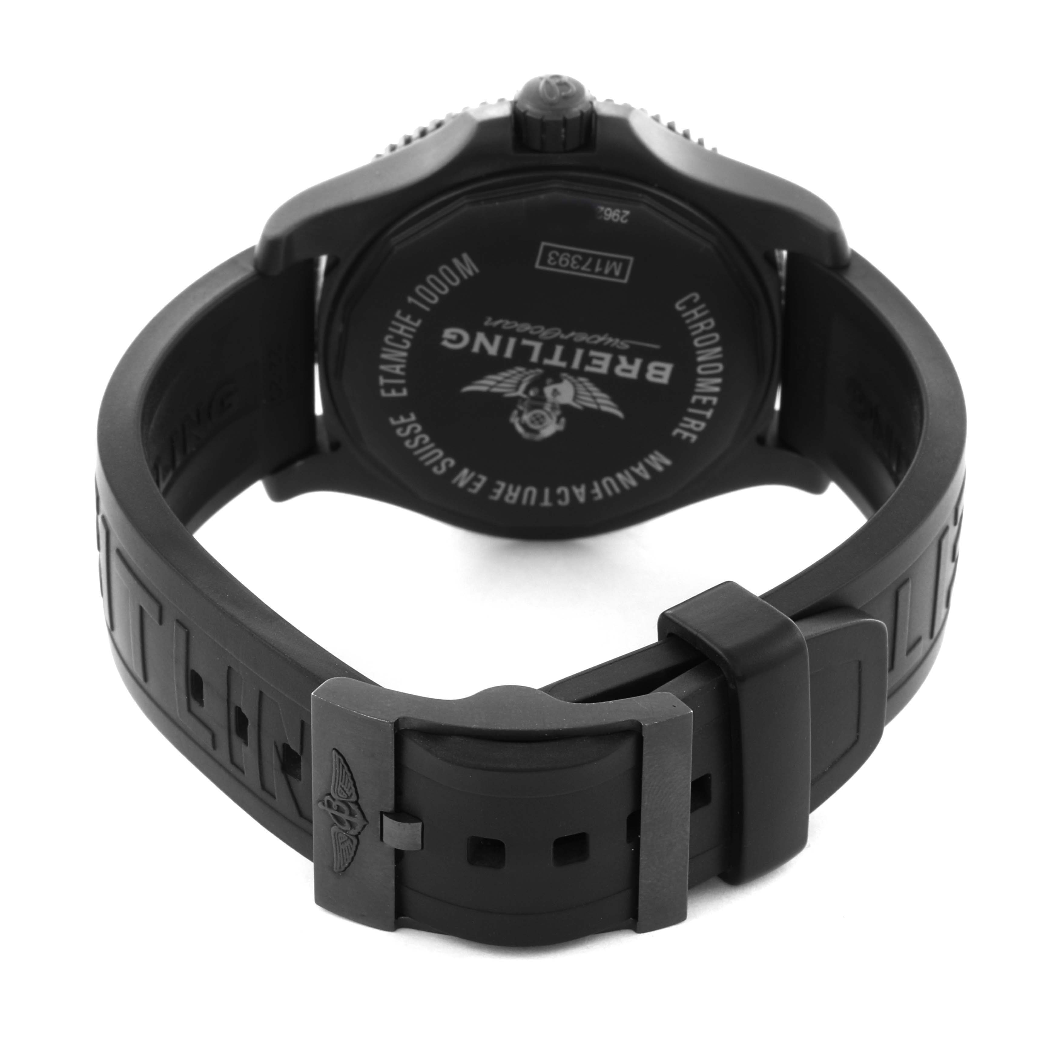 The image shows the back view of the Breitling Superocean M17393 Men's Stainless Steel Black Dial M17393 Men's Stainless Steel Black Dial watch, highlighting the case back and the rubber strap with a buckle.
