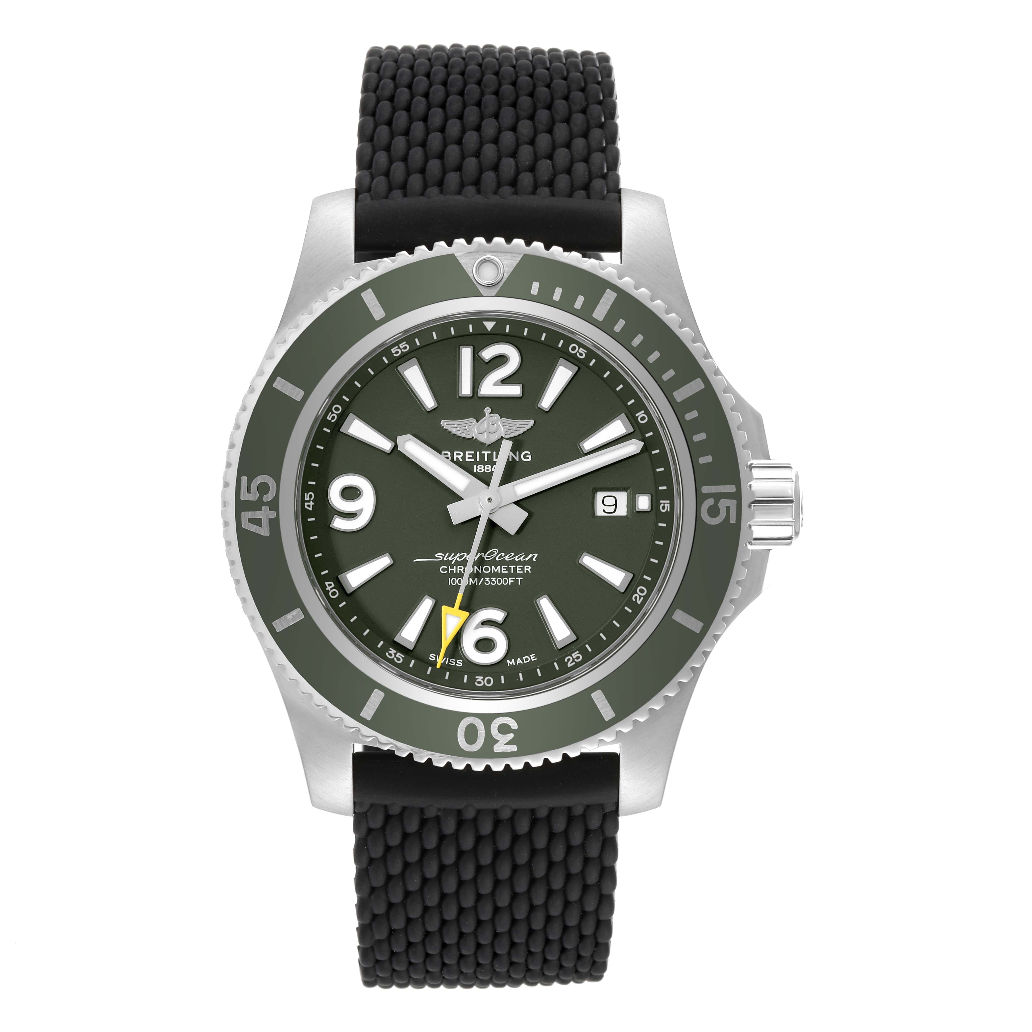 The image shows a front view of a Breitling Superocean A17367 Men's Stainless Steel Green Dial A17367 Men's Stainless Steel Green Dial watch, including the bezel, dial, and black strap.