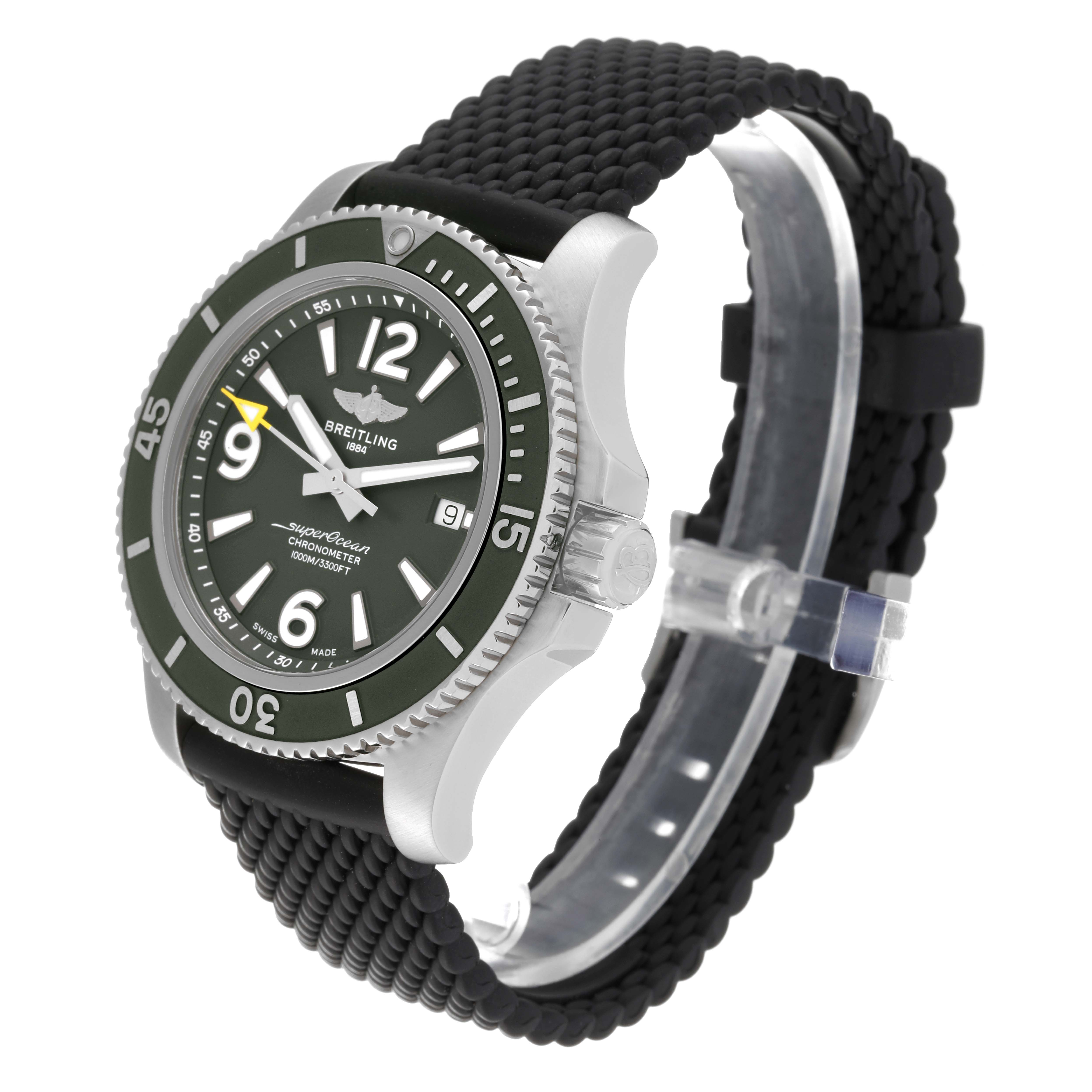 The Breitling Superocean A17367 Men's Stainless Steel Green Dial A17367 Men's Stainless Steel Green Dial watch is shown at an oblique angle, highlighting its black dial, bezel, case, and textured black strap.