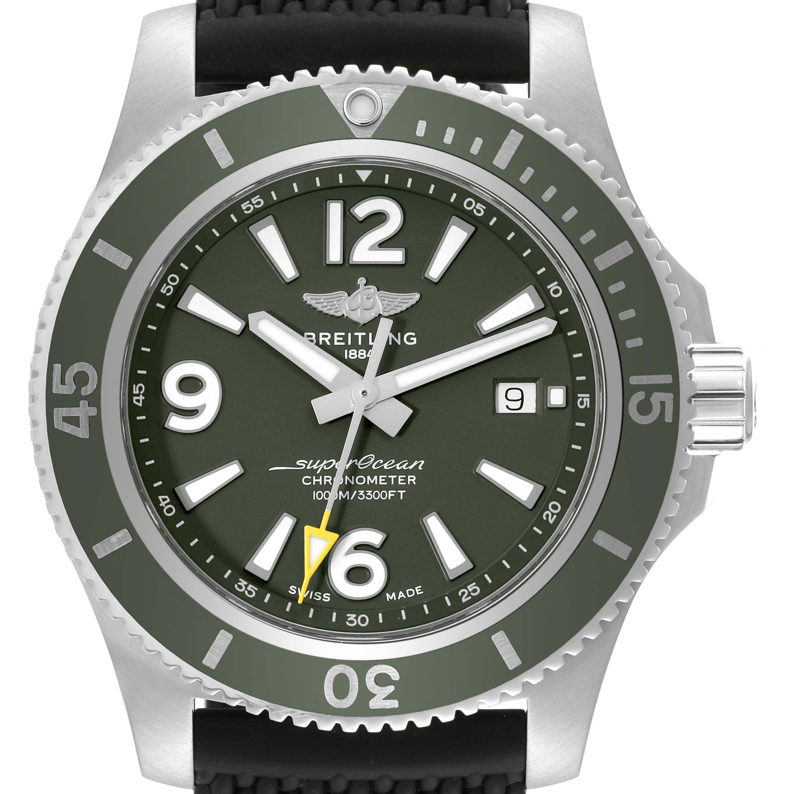 The image shows a front view of the Breitling Superocean A17367 Men's Stainless Steel Green Dial A17367 Men's Stainless Steel Green Dial watch, highlighting its face, bezel, crown, and black strap.